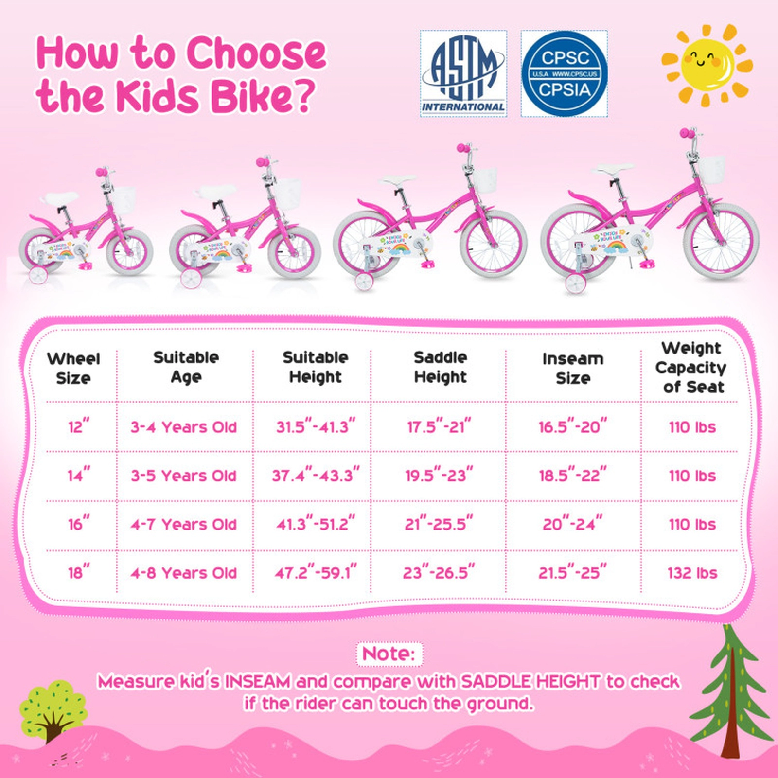 SUGIFT Adjustable 16-In Girls Bike with Training Wheels Basket Bell 110-lb Seat Capacity Ages 4-7 Spring Party Pink