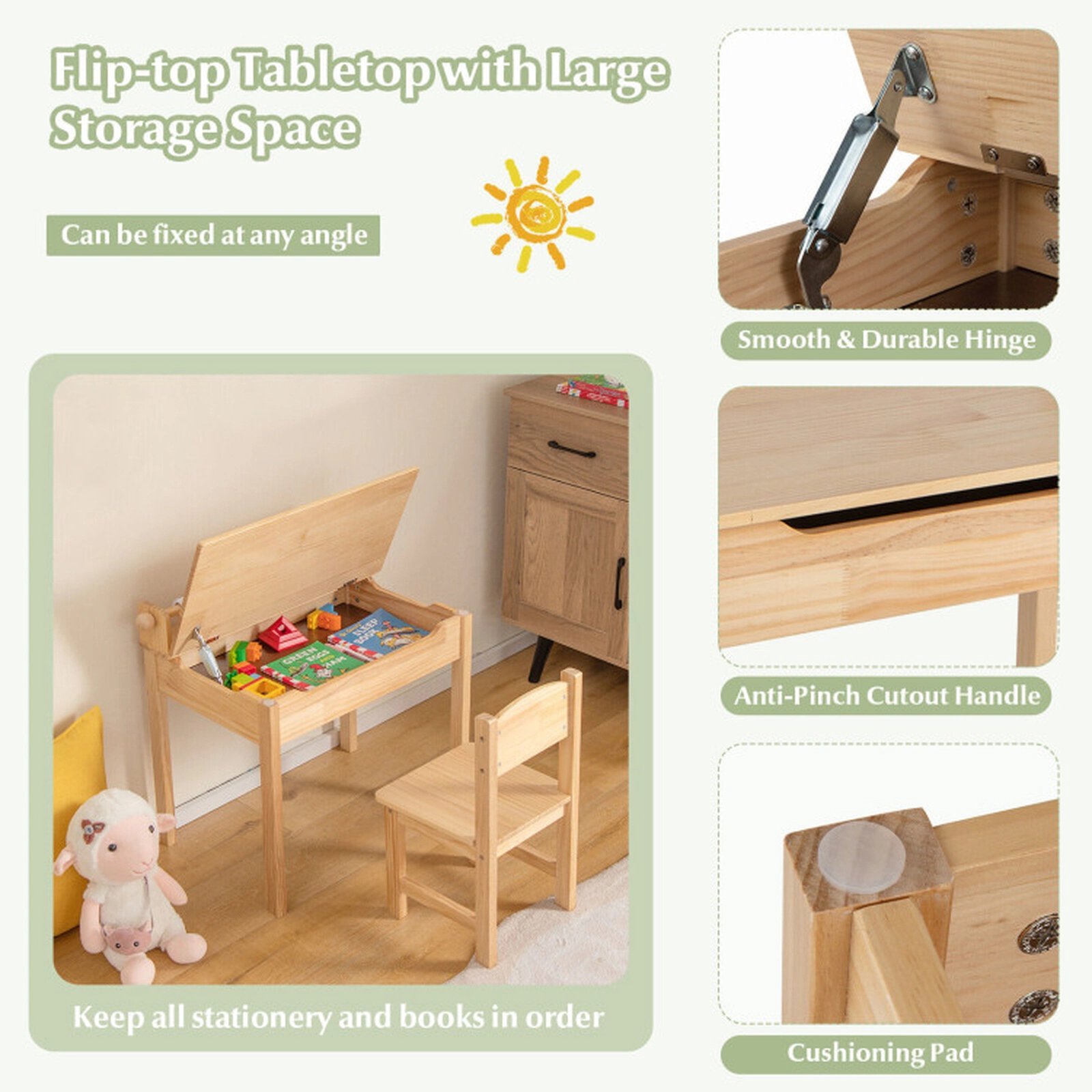 SUGIFT Natural Paper Roll Holder and Flip Top Toddler Activity Table and Chair Set