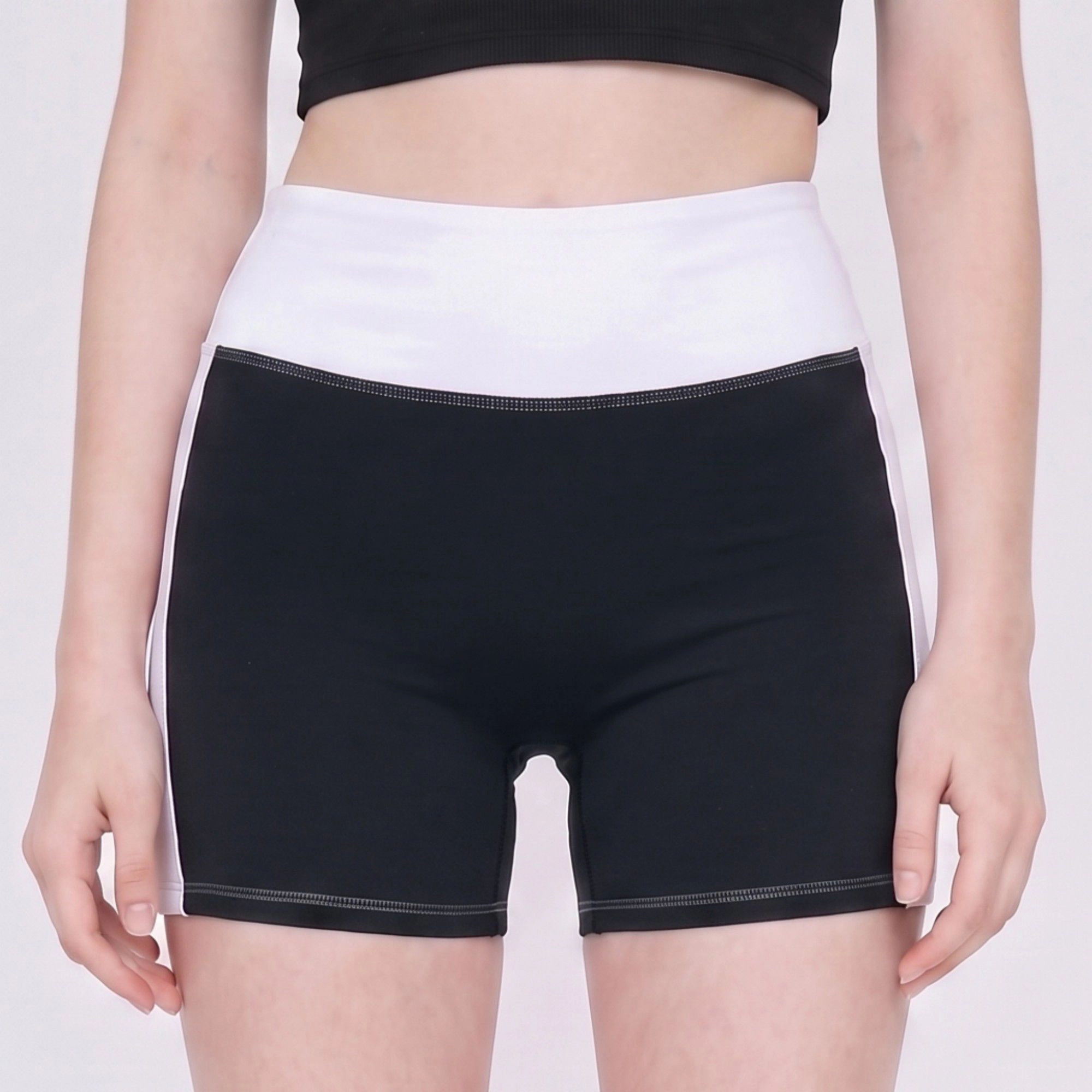 Anna-Kaci Women's High Waist Biker Shorts with Colorblock Panels Wide Waistband and Fitted Stretch Design