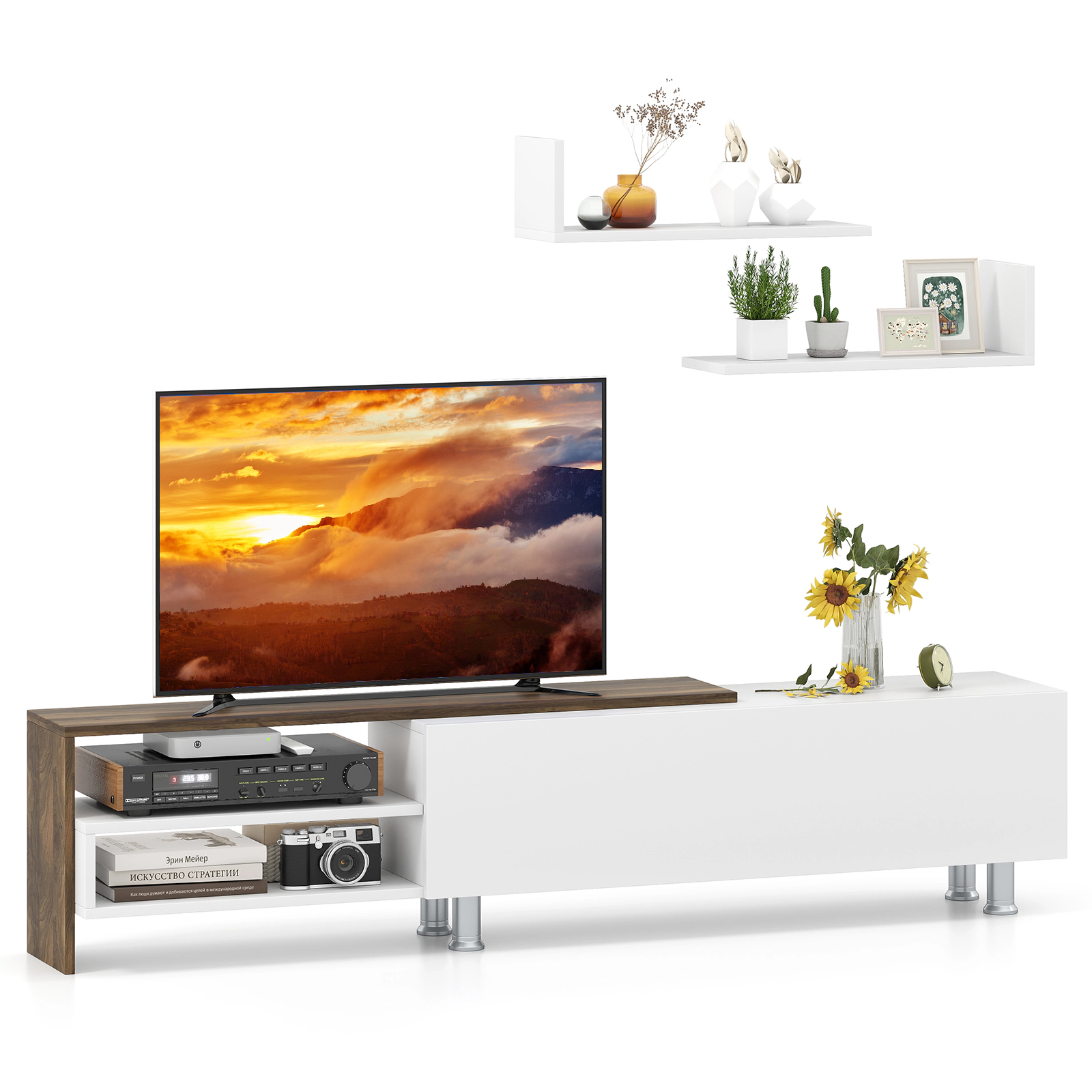 Glintex 3-Piece Farmhouse TV Stand Set with Flip Cabinet and Shelves, White & Walnut