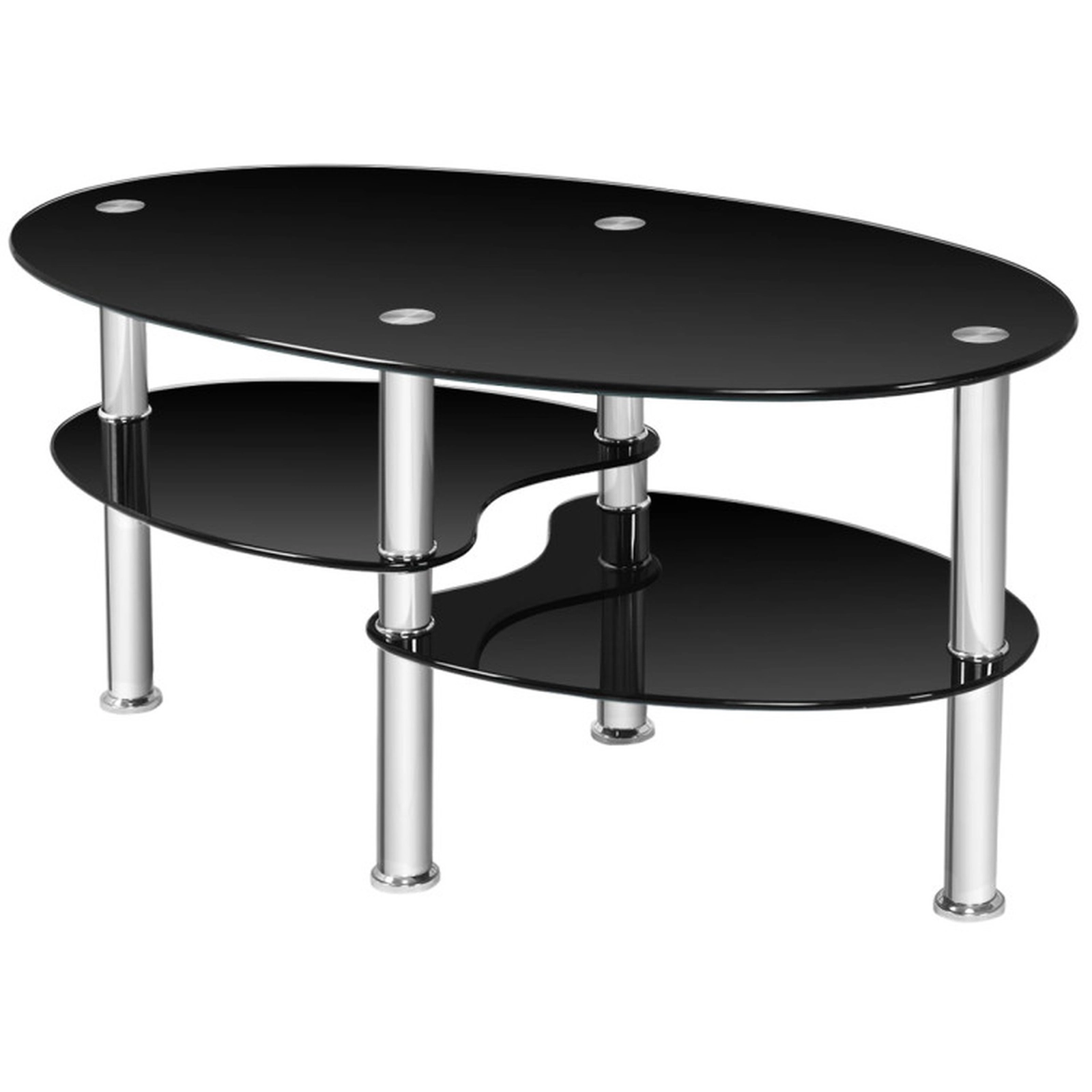 SUGIFT Tempered Glass Oval Side Coffee Table with 2 Shelves 90-lb Top Capacity 35-in Long Black/Transparent