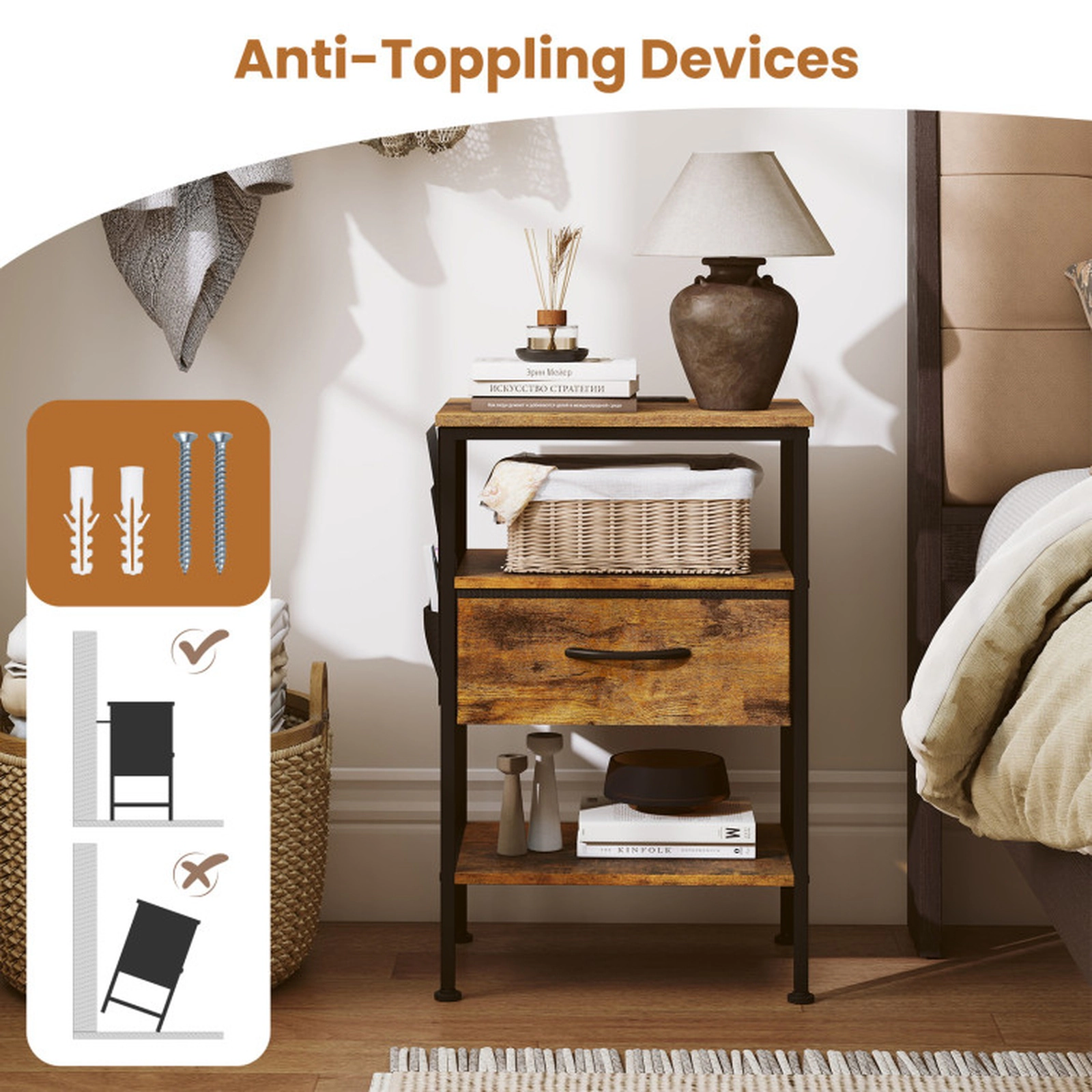 SUGIFT 24.5-in Rustic Brown Metal Nightstand with Charging Station, Fabric Drawer and Side Pocket