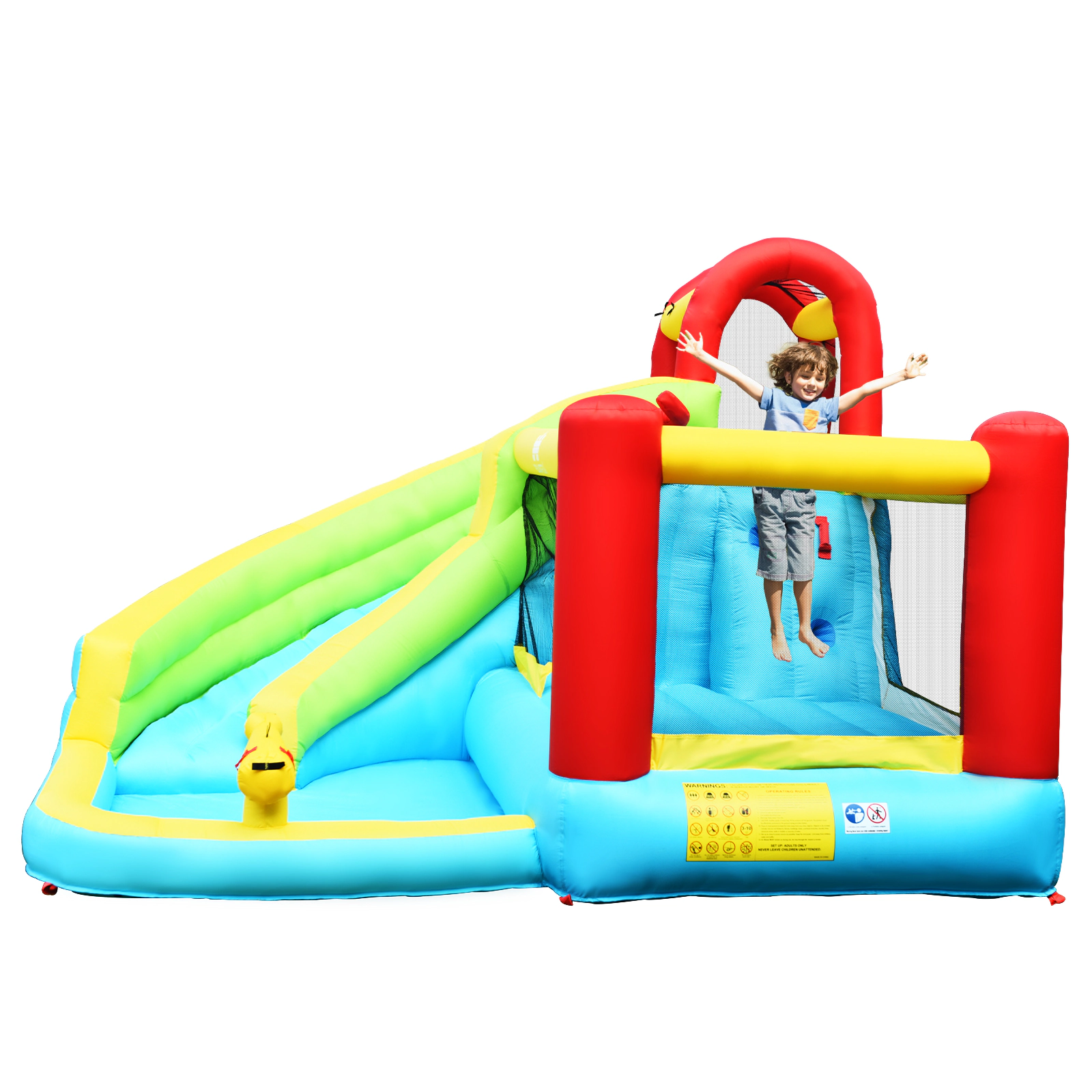 LJG Kids 6-in-1 Inflatable Bounce House with Climbing Wall and Basketball Hoop with Blower