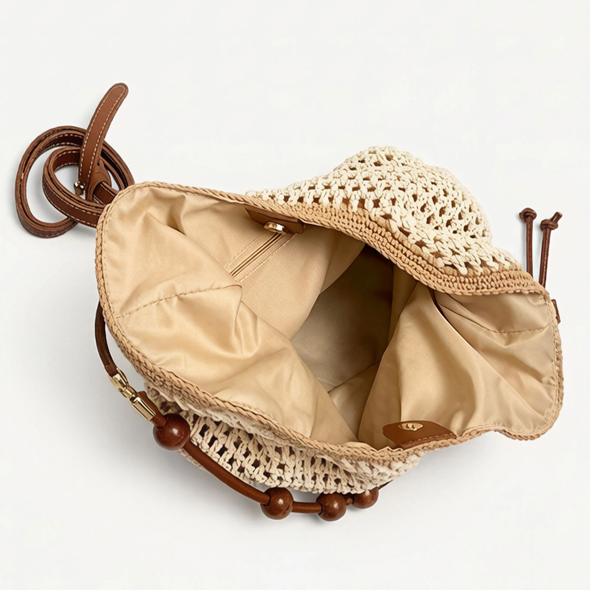 Alilang Women's Crochet Shoulder Bag with Wooden Bead Strap Knit Hobo Handbag Lined Casual Everyday Tote