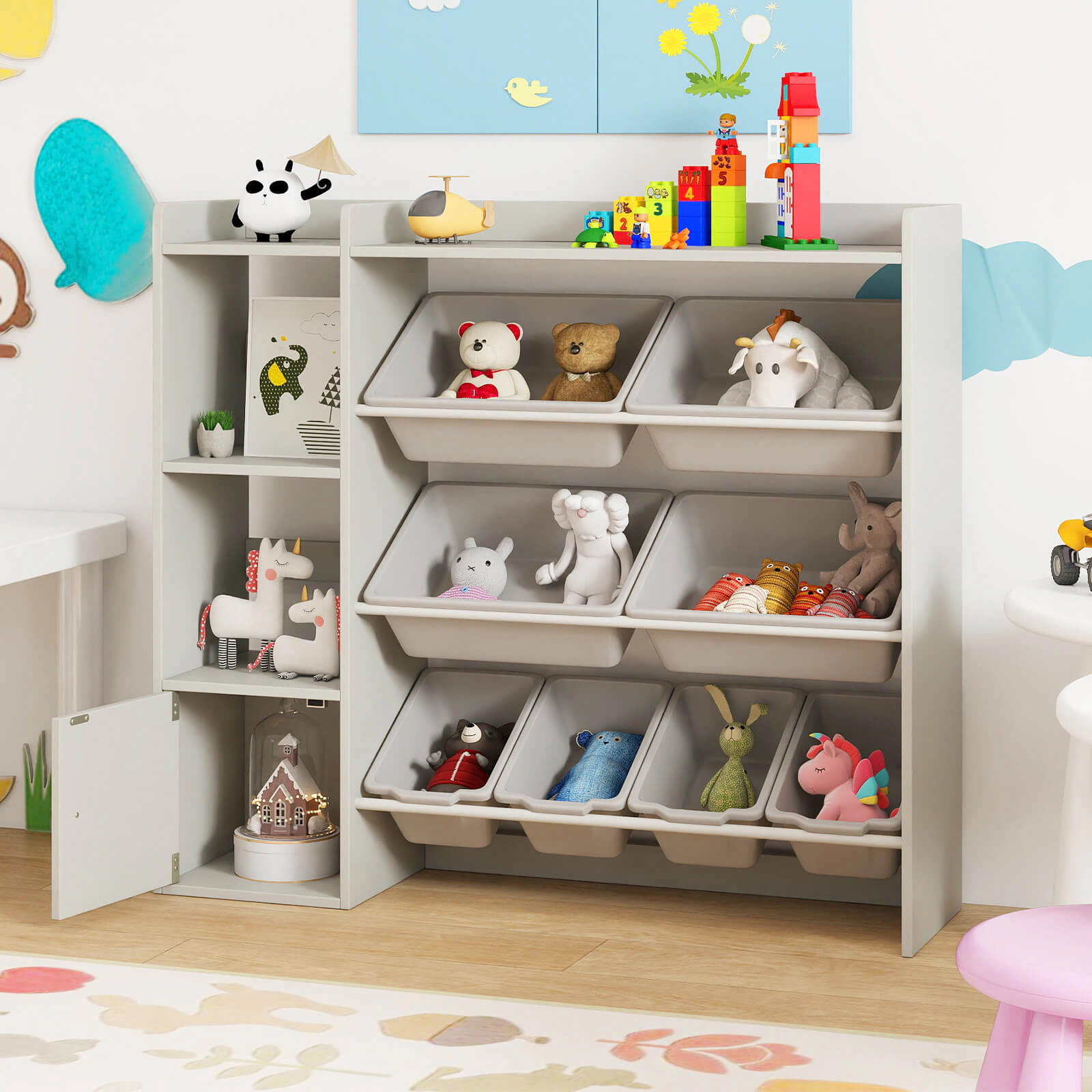 Costway Kids Toy Storage and Bookshelf, Wooden Bookcase with 4 Small Boxes & Large Gray