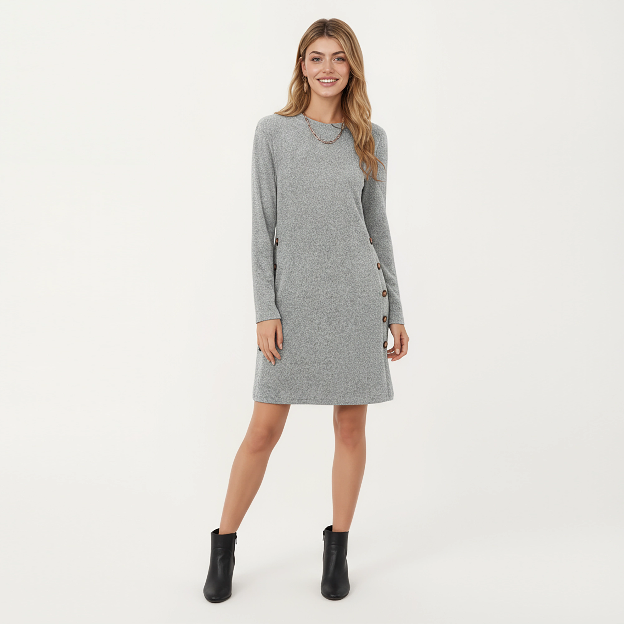Anna-Kaci Women's Long Sleeve Knit Side Button Crew Neck Dress