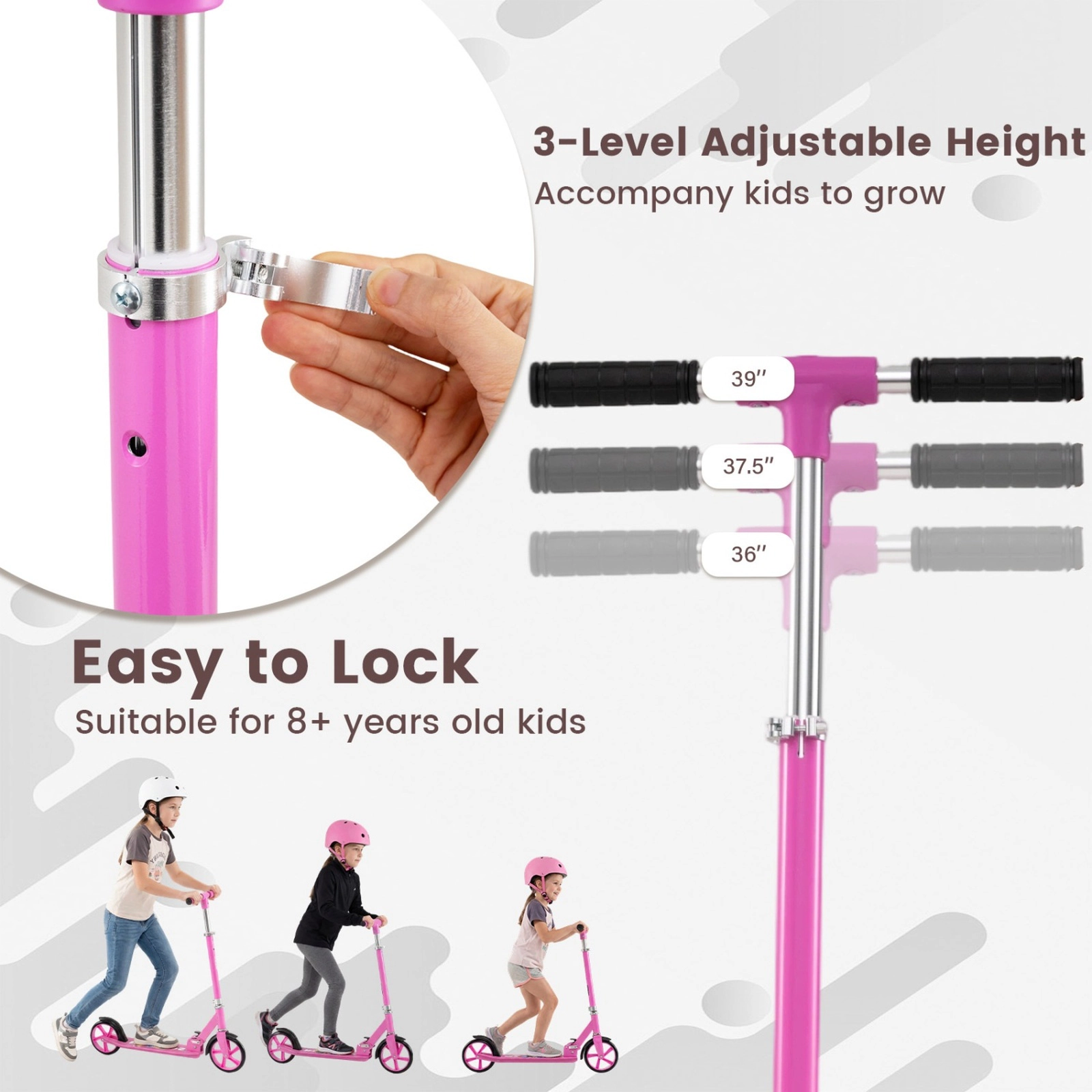 SUGIFT Folding Scooter with 3 Adjustable Heights 220-lb Capacity Ages 8+ Pink