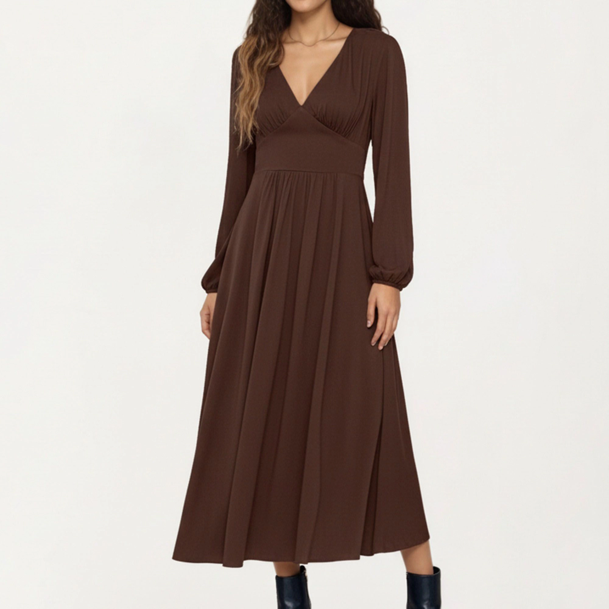 Anna-Kaci Women's Long Sleeve Brown V Neck Elastic Waist Dress