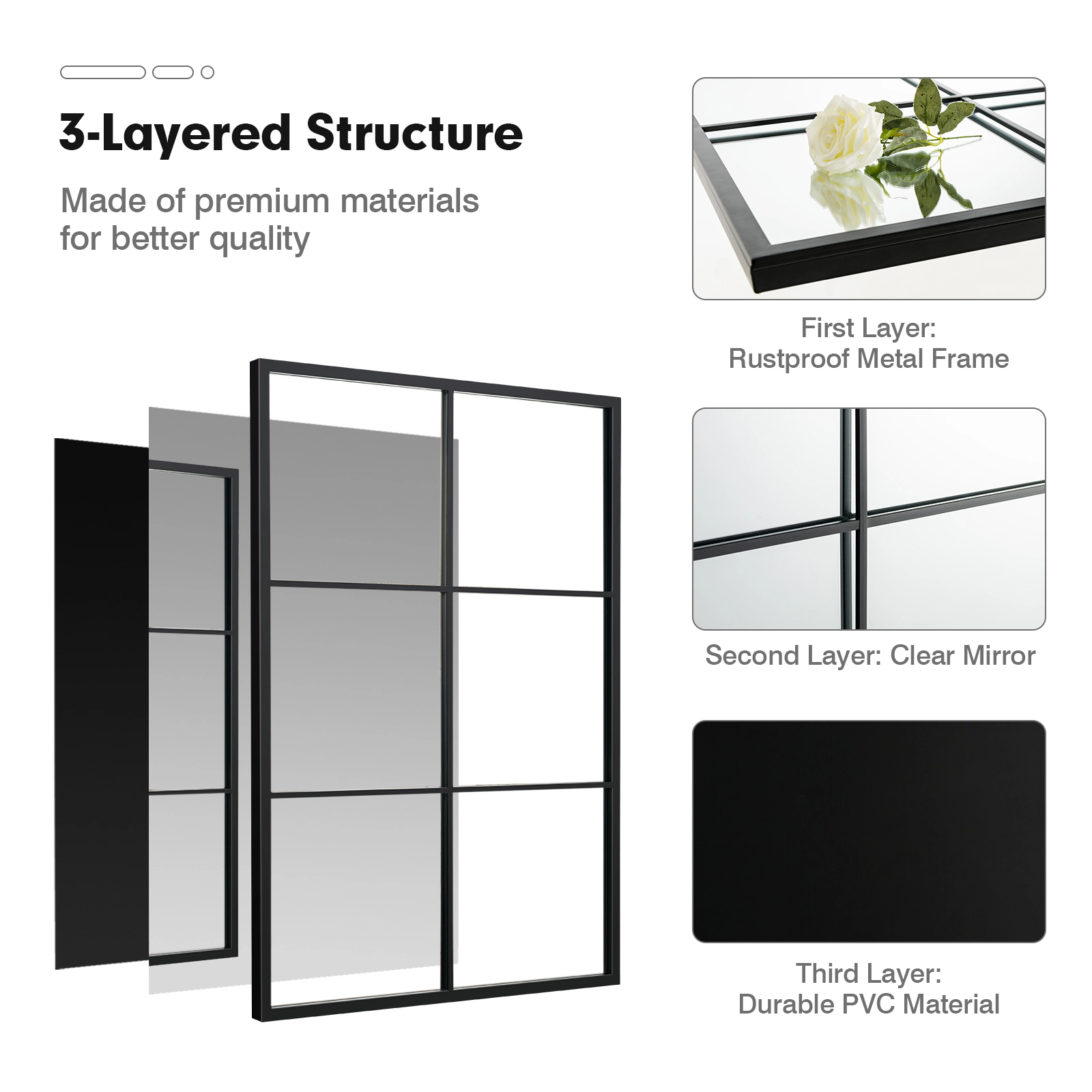 SUGIFT Black 28-in x 40-in Window Pane Wall Mirror with Metal Frame and 3-Layer Rustproof Backing