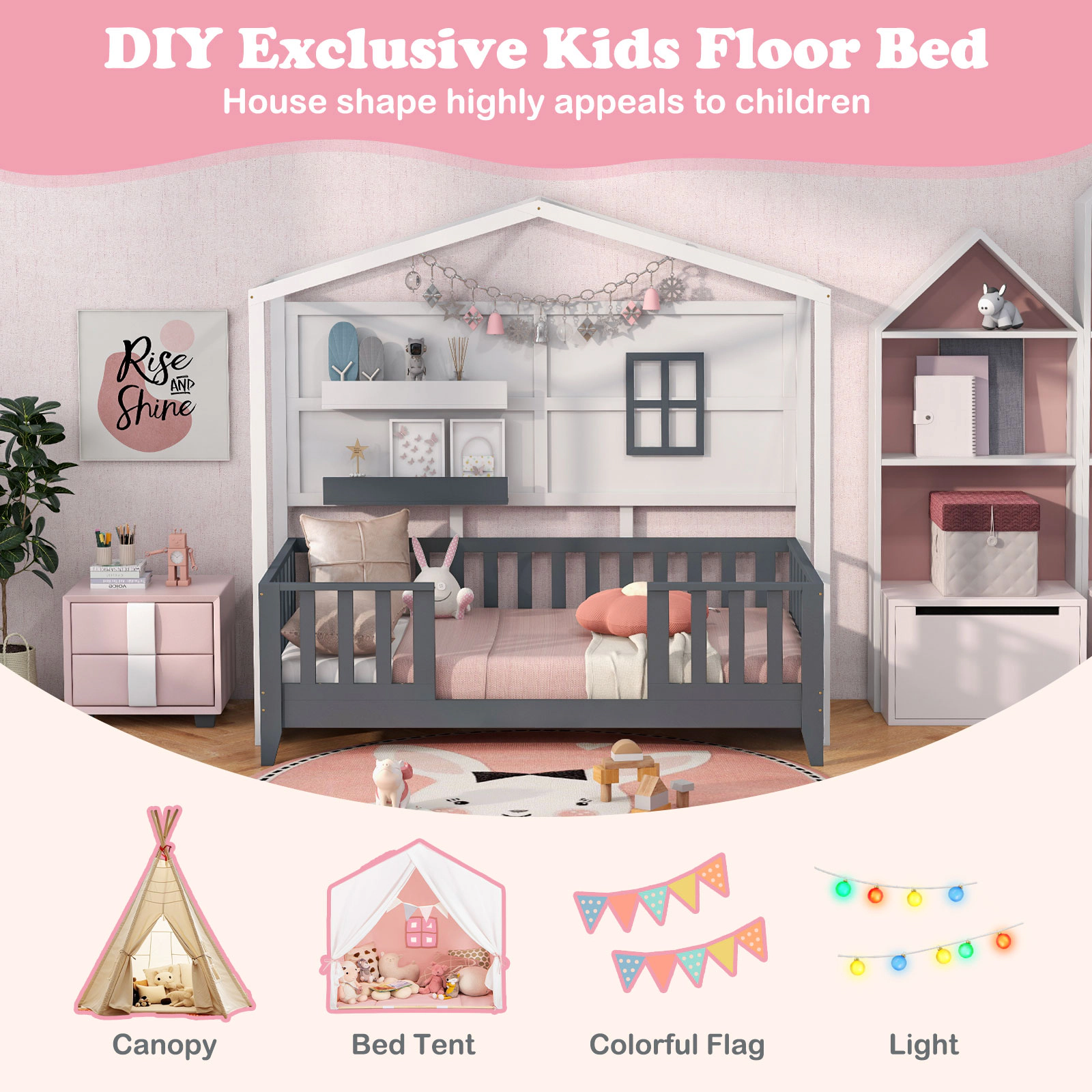 SUGIFT White and Gray 2 Shelves and 16-in Guardrails Twin Kids Wood House Montessori Floor Bed