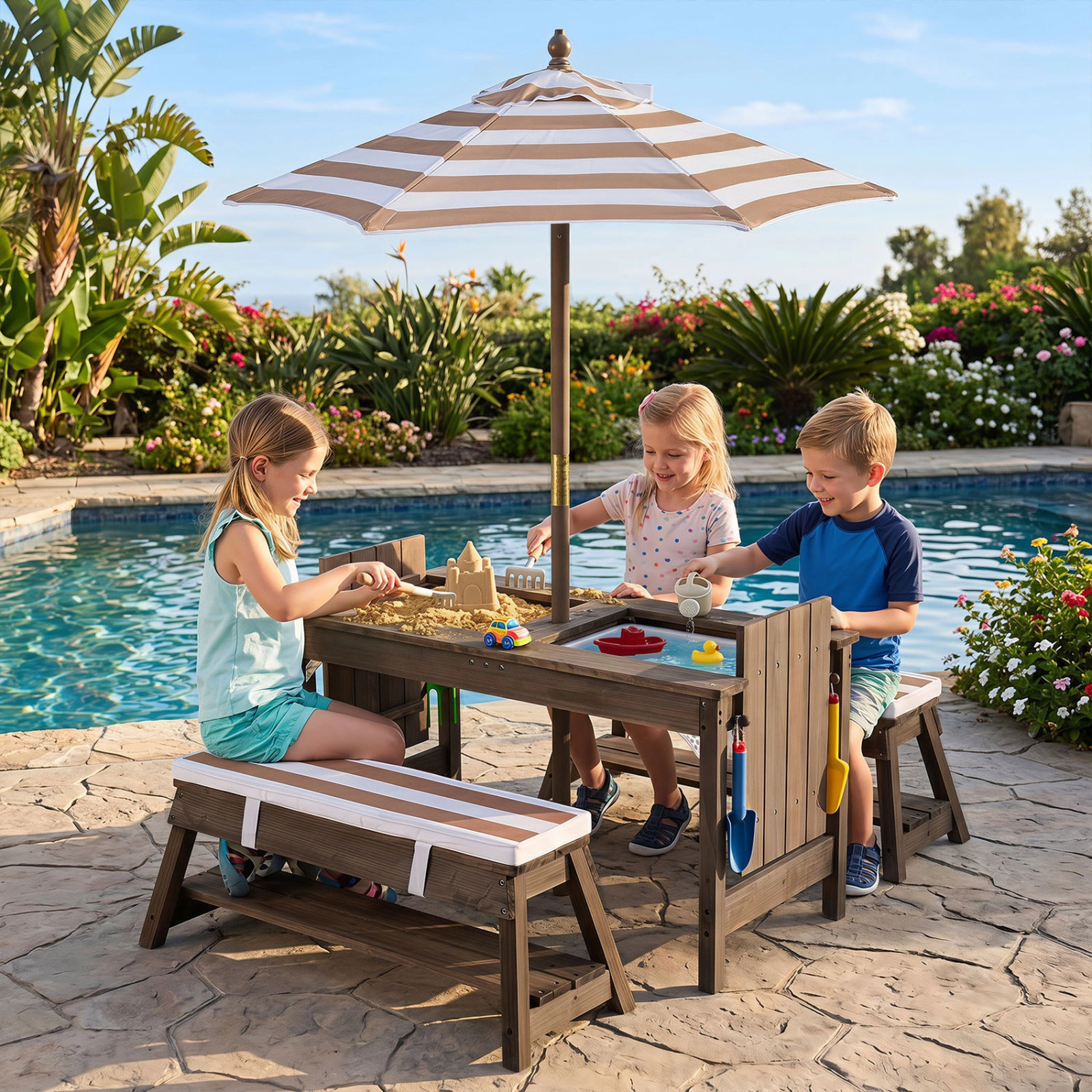 SUGIFT Umbrella and Water Boxes Kids Outdoor Fir Wood Picnic Table Bench Set
