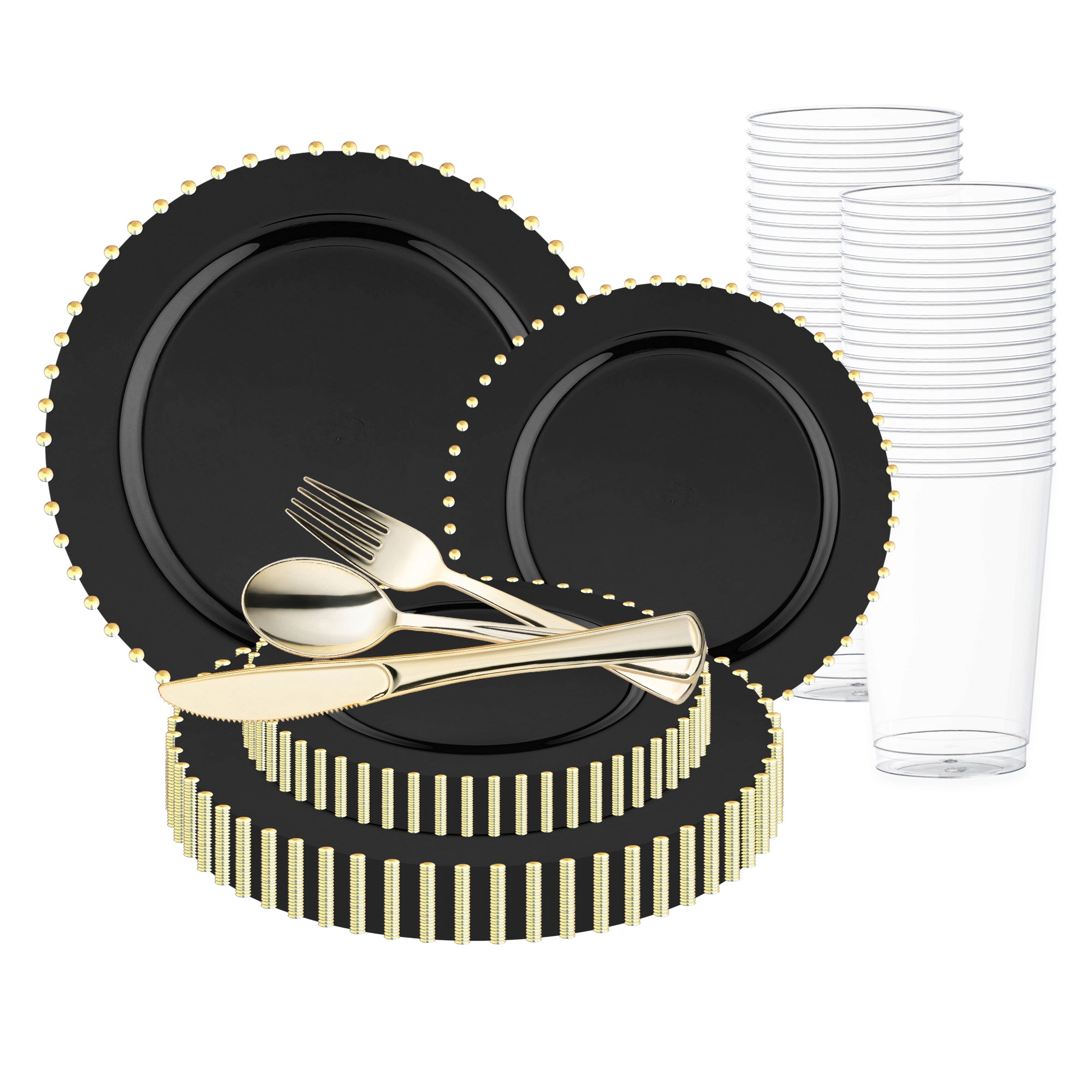 Smarty Had A Party Black with Gold Pearl String Round Disposable Plastic Wedding Value Set