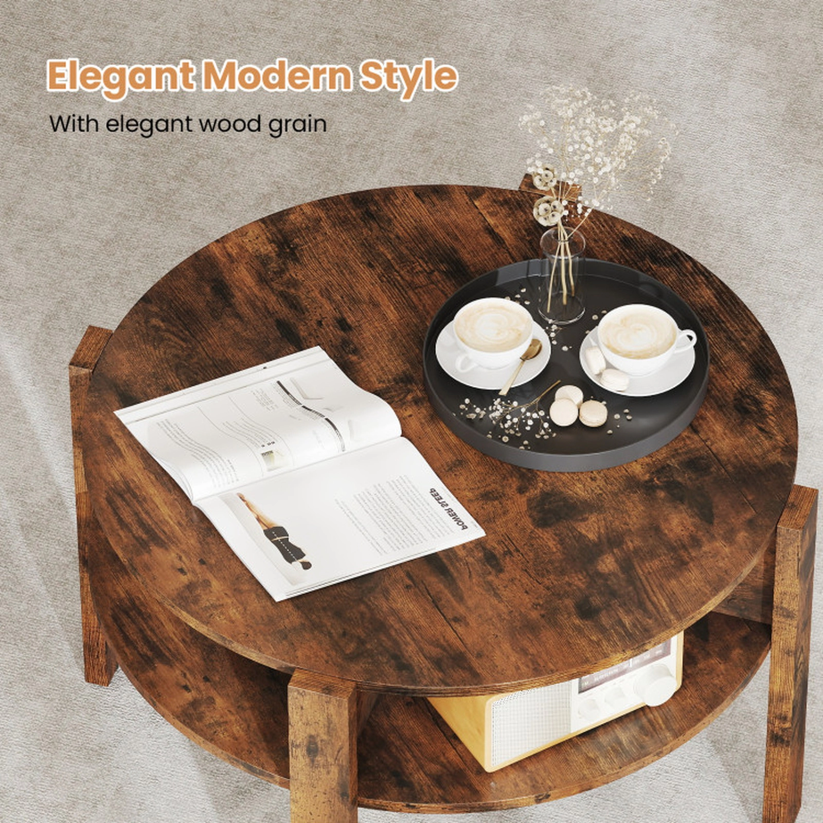 SUGIFT Round 27.5-in Top Side Storage Shelves Wood Coffee Table 29.5-in x 18-in 135-lb Capacity Rustic Brown