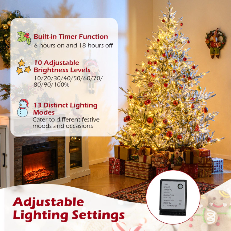 SUGIFT 7-ft Pre-Lit Snow Flocked Christmas Tree with 1074 Branch Tips and 450 Warm White LEDs 5.1-ft Dia Green