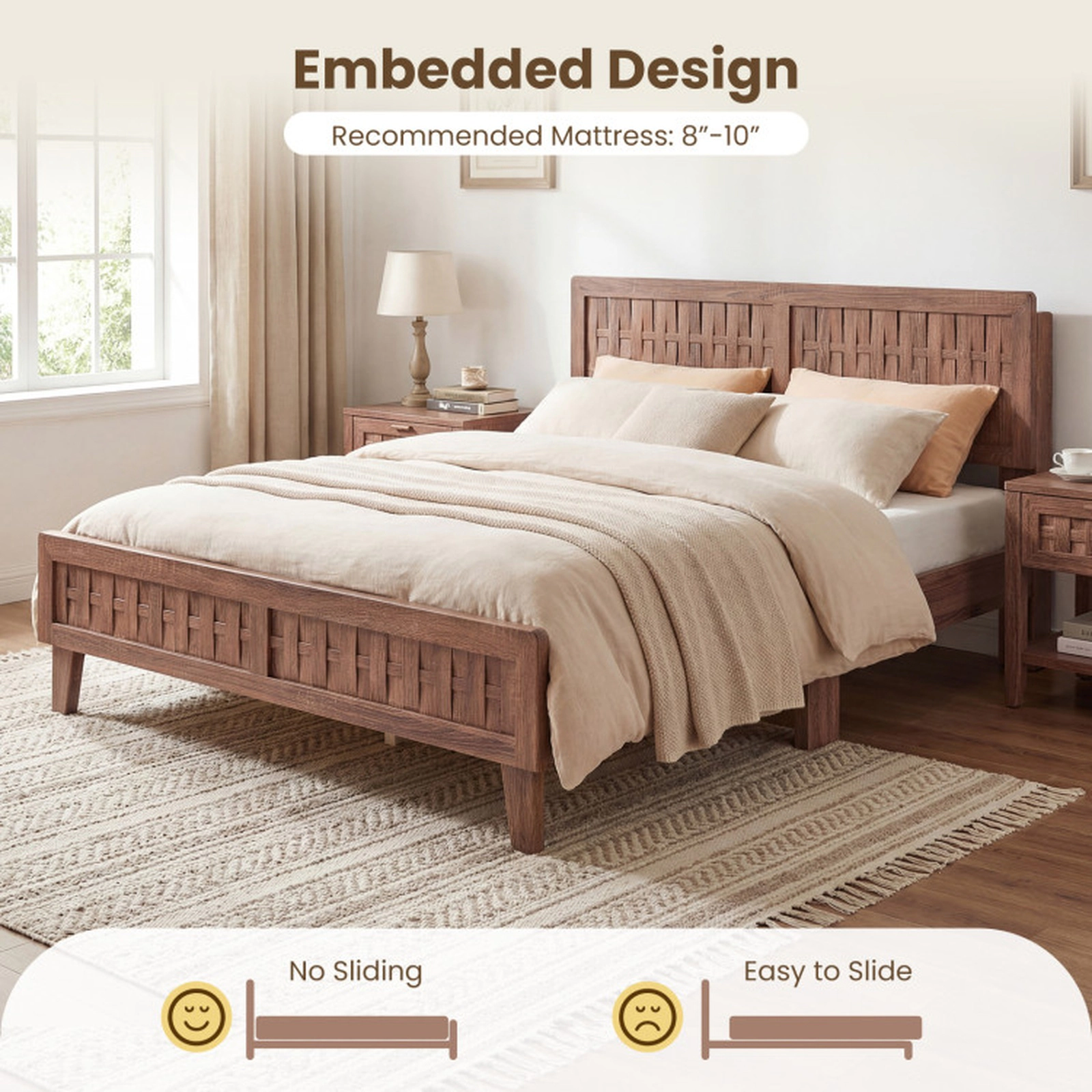 SUGIFT Mid Century Queen Size Bed Frame Woven Headboard 700-Lb Capacity 85-in Long Platform 80 x 61-in Bed Surface