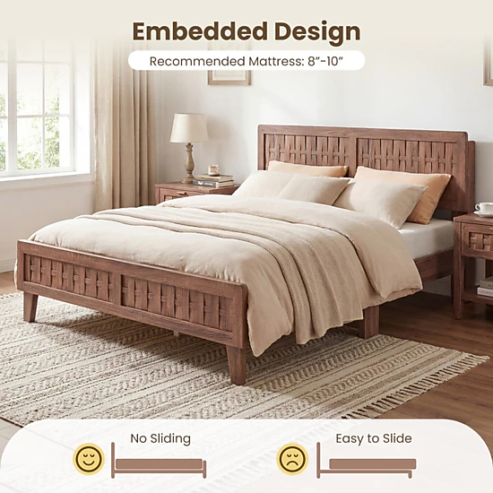 SUGIFT Mid Century Queen Size Bed Frame Woven Headboard 700-Lb Capacity 85-in Long Platform 80 x 61-in Bed Surface