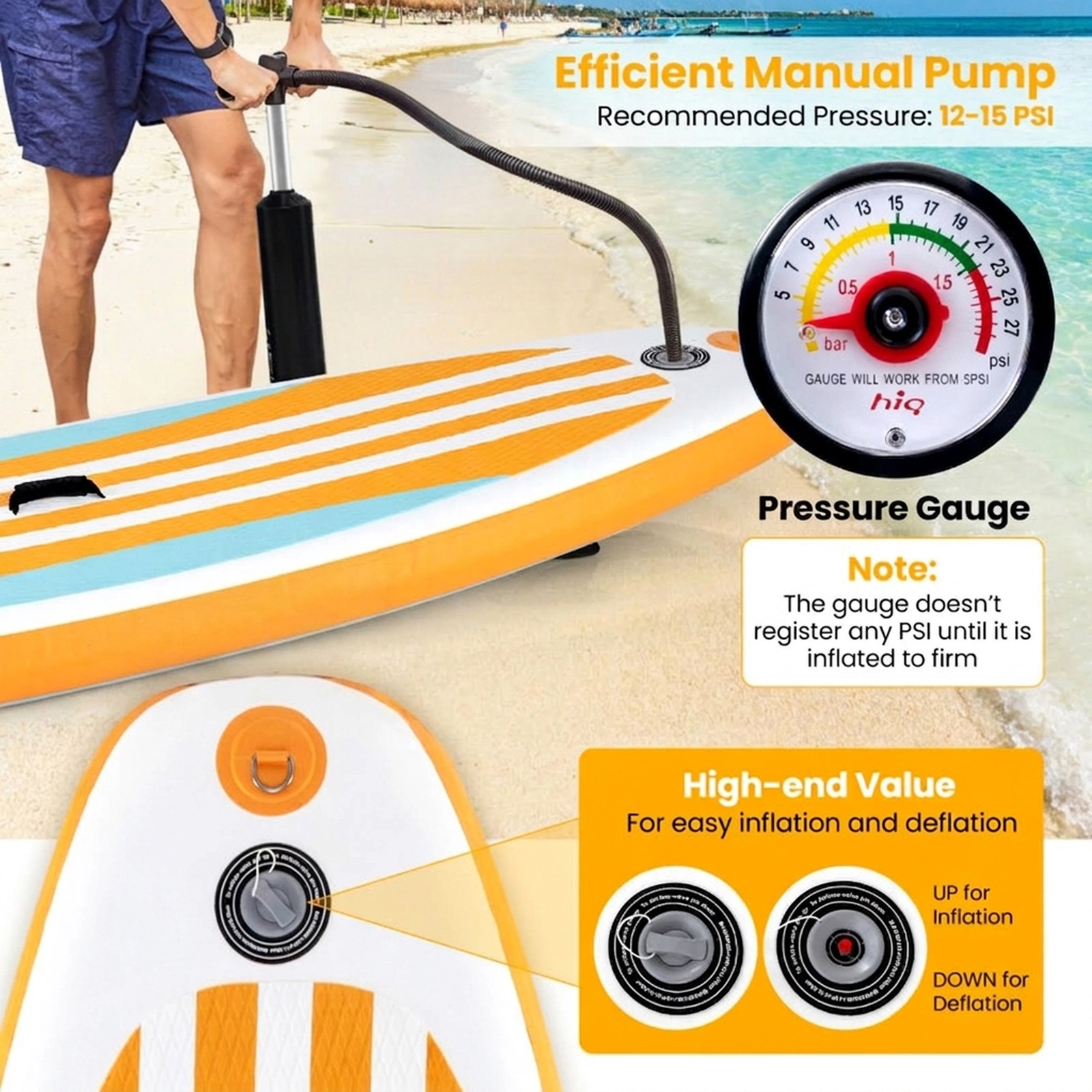 SUGIFT Inflatable Stand Up Paddle Board Water Toy with Adjustable Paddle and 3 Fins 350-lb Capacity 1-Person Blue+Yellow