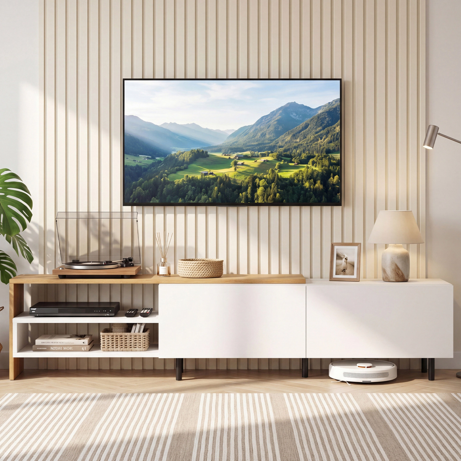 LJG Modern TV Stand for 80 Inches TVs with Storage Shelves and Cabinets