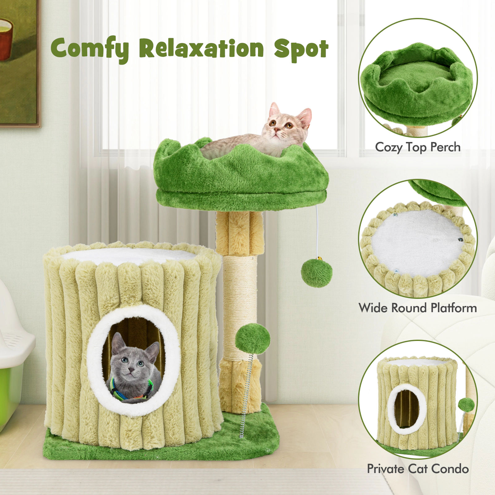 SlickBlue Plush Cat Activity Tree with Condo and Hanging Toys