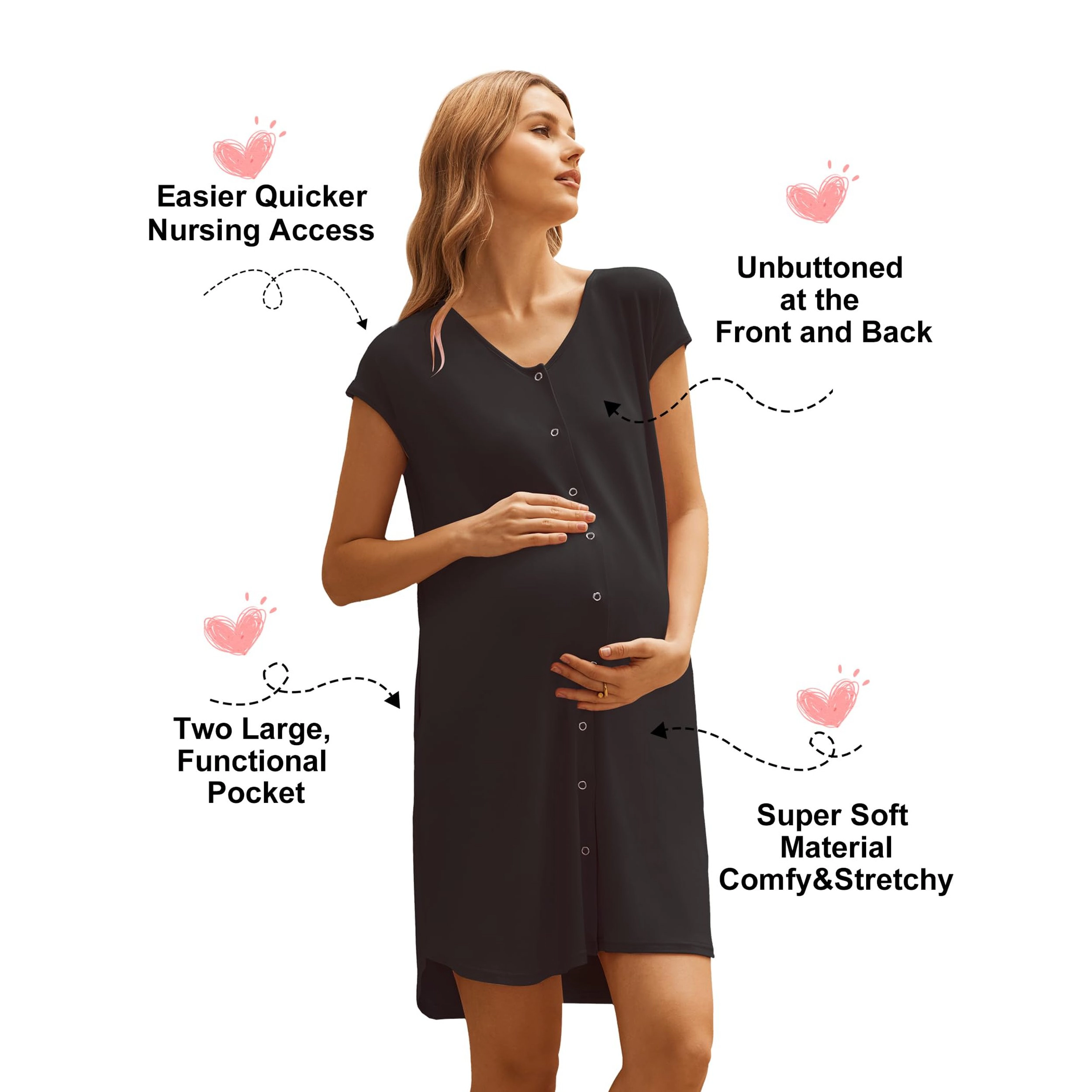 Ekouaer Labor and Delivery Gown for Hospital Nursing Nightgown Maternity Sleepwear With Pockets