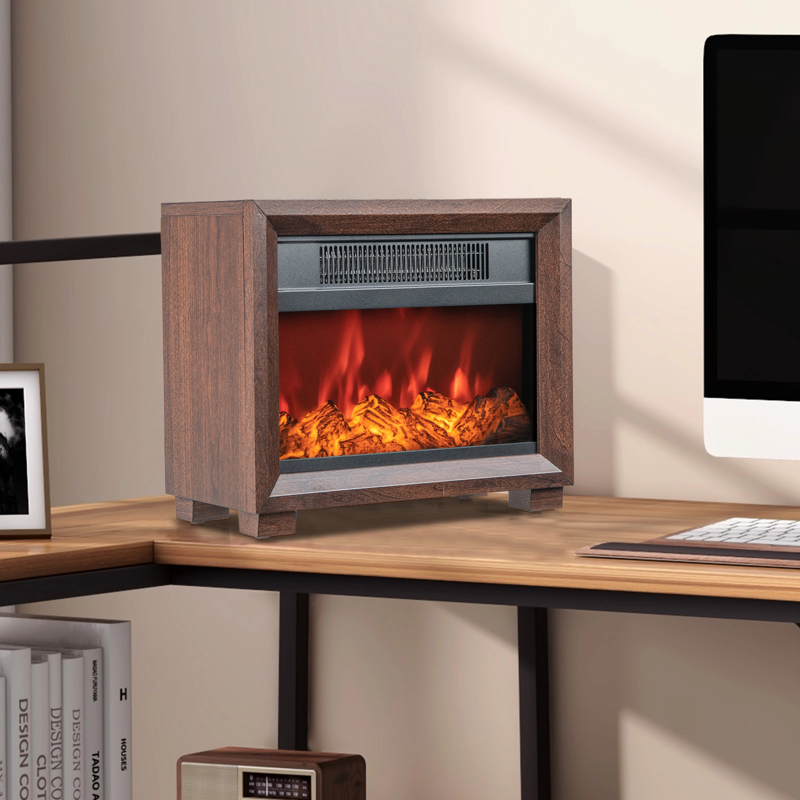 SUGIFT 13.1-in Mini Wooden Mantel Portable Tabletop Electric Fireplace 13.1-in x 6.7-in x 11.4-in 750W Brown