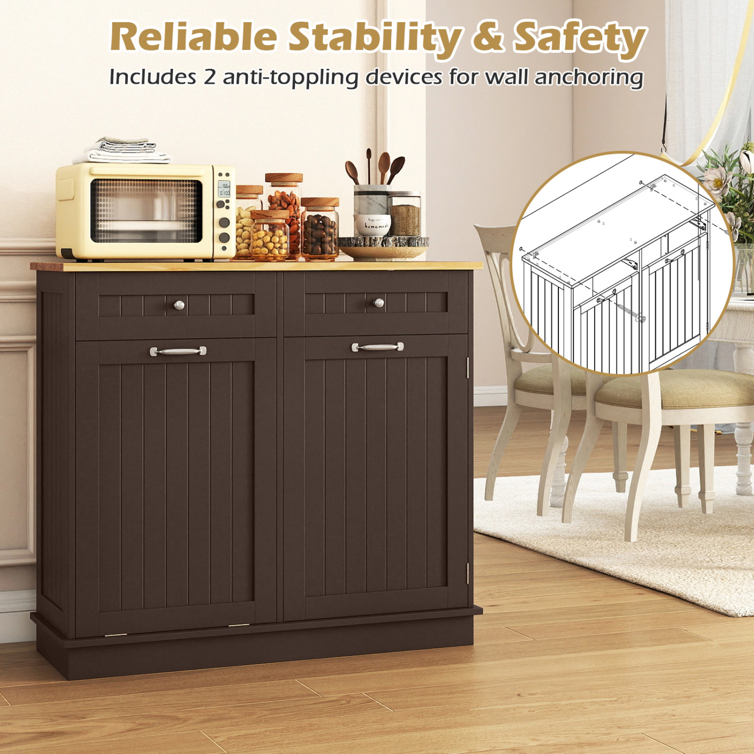 Glintex 39.5-Inch Tilt-Out Trash Cabinet with Pine Wood Countertop, Brown