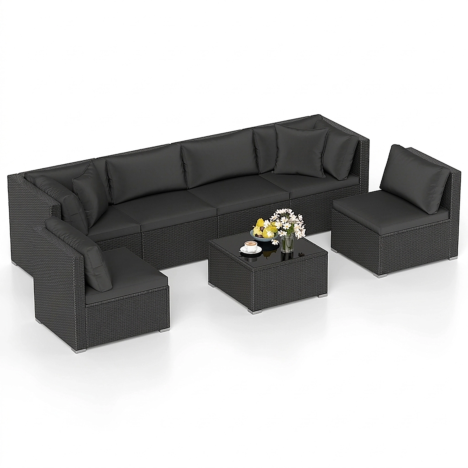 SUGIFT Tempered Glass Top Table and Cushions 7-Piece Outdoor Wicker Sectional Sofa Set