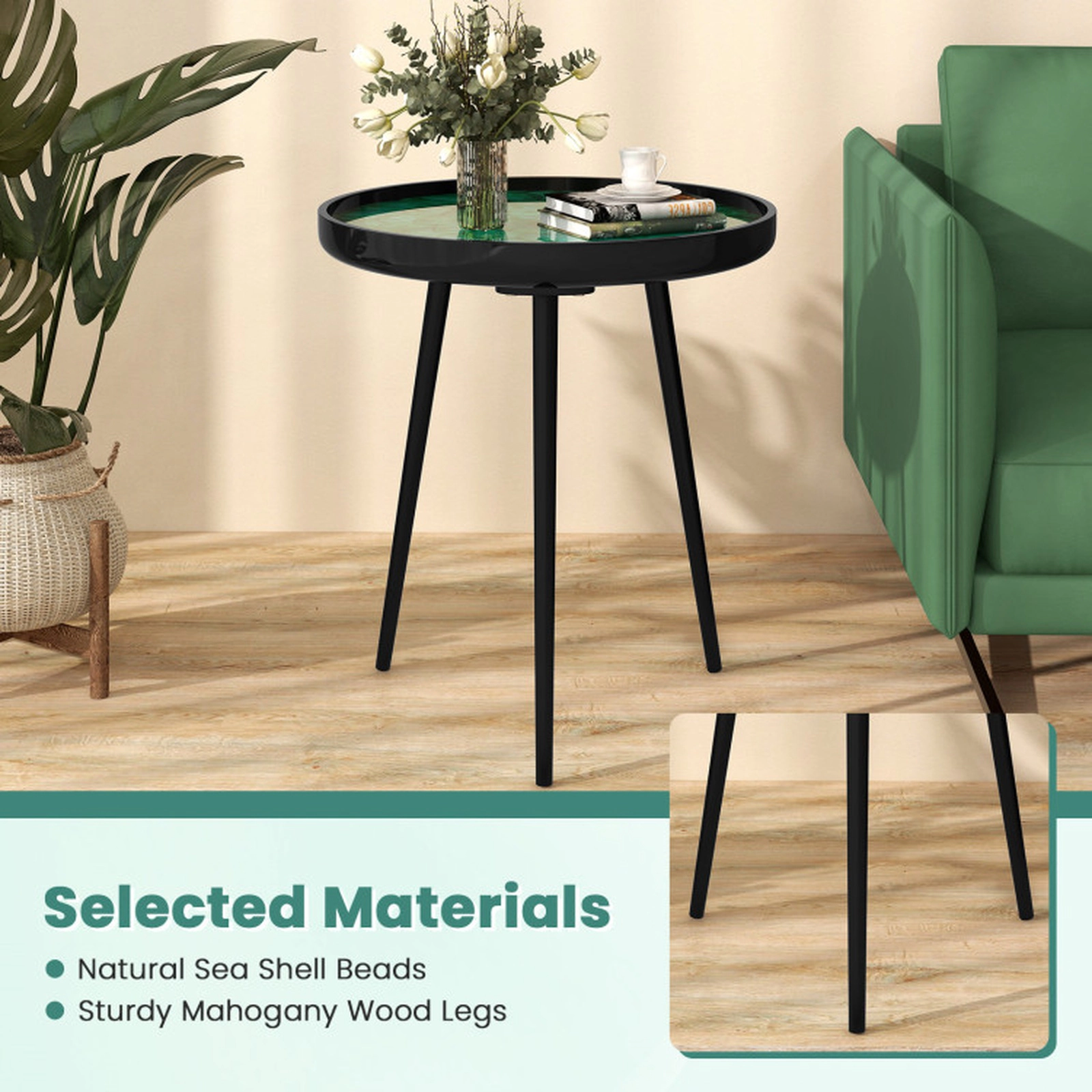 SUGIFT 20 Inch Sea Shell Resin Tray Top Mahogany Legs Accent Table In Green