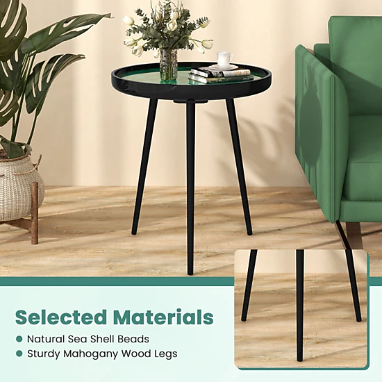 SUGIFT 20 Inch Sea Shell Resin Tray Top Mahogany Legs Accent Table In Green