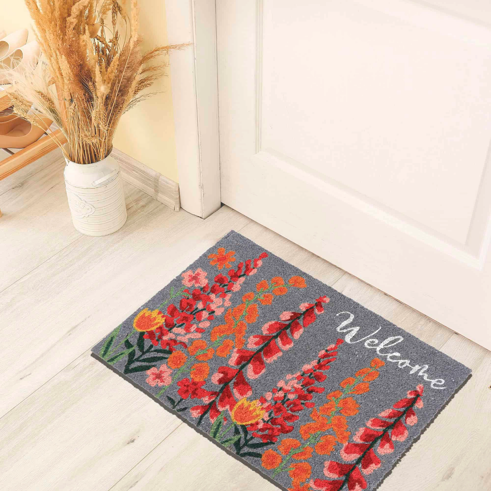 Evideco French Home Goods Gray Floral Welcome Coir Doormat 30 x 18 Inches