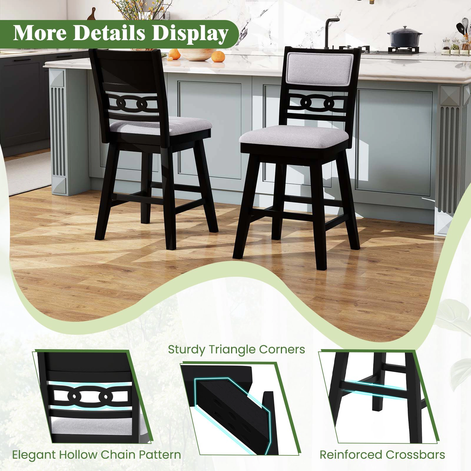 SlickBlue Set of 2 Wood Kitchen Island Stools with Footrest and Backrest
