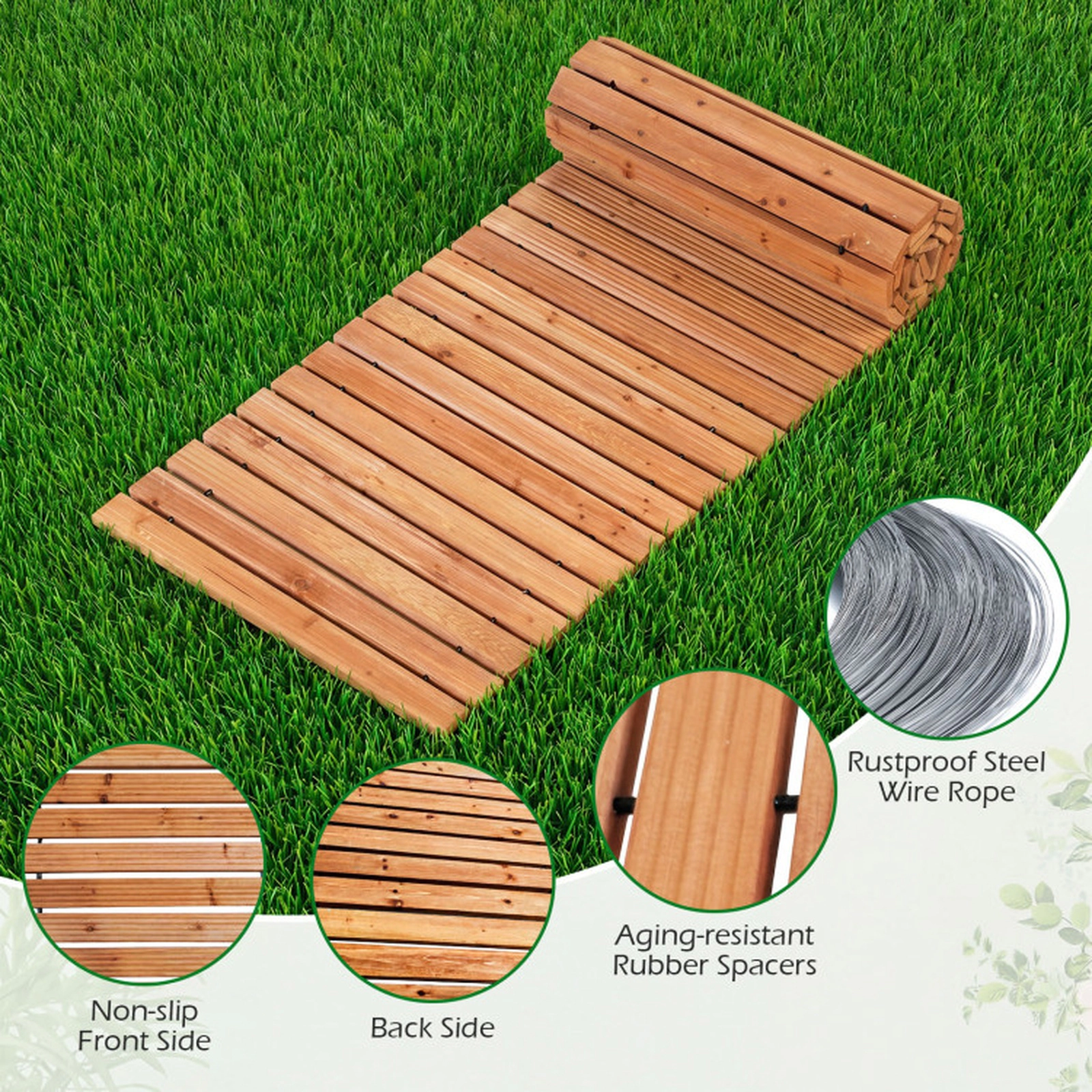 SUGIFT 8-Ft Natural Fir Wood Roll Out Garden Pathway with Non-Slip Surface 95.5-in W 22-in D 0.6-in H