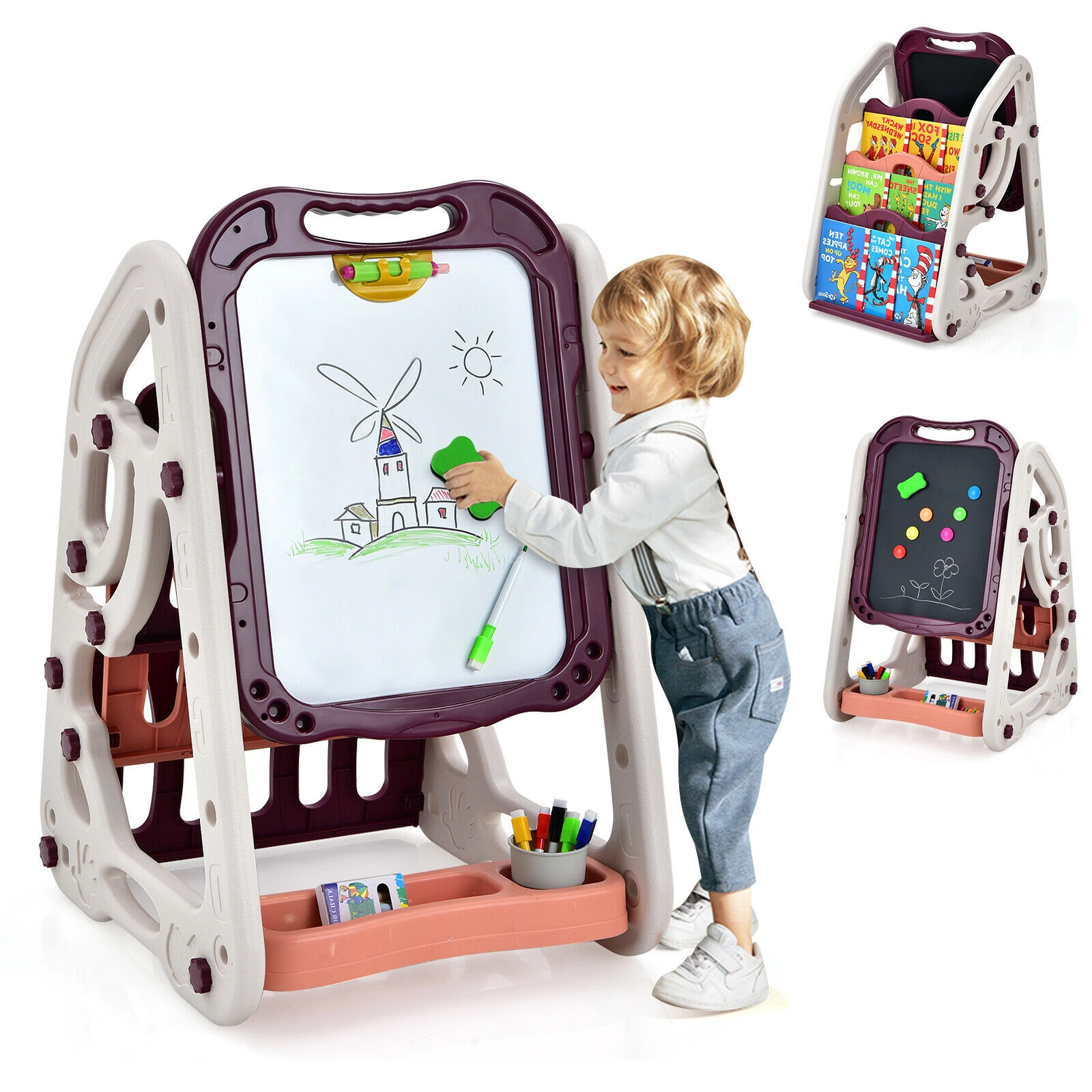 SUGIFT Red Bookshelf and Art Accessories 3-in-1 Kids Art Easel Double-Sided Board