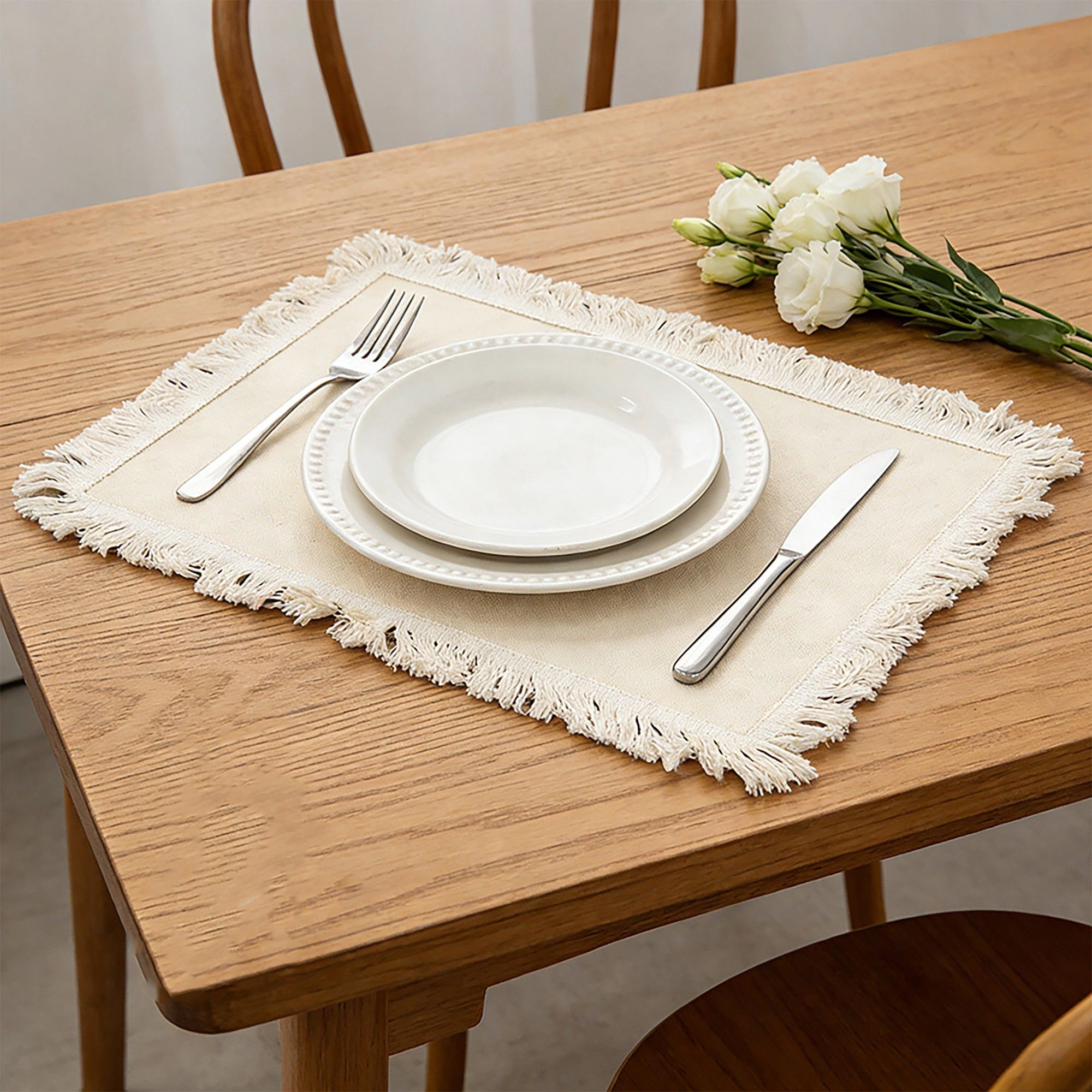 Alilang Unisex 4 Piece Cotton Linen Fringe Placemats Farmhouse Table Mats Washable Heat Resistant Dining Mats
