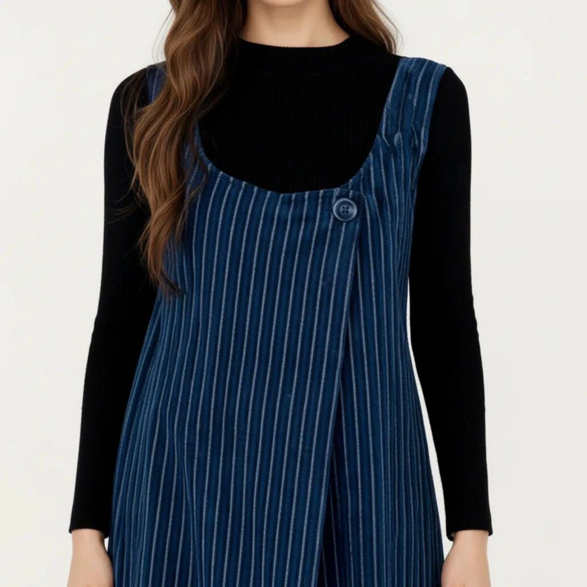 Anna-Kaci Women's Sleeveless Pinstripe Scoop Neck Asymmetrical Button Front Maxi Dress
