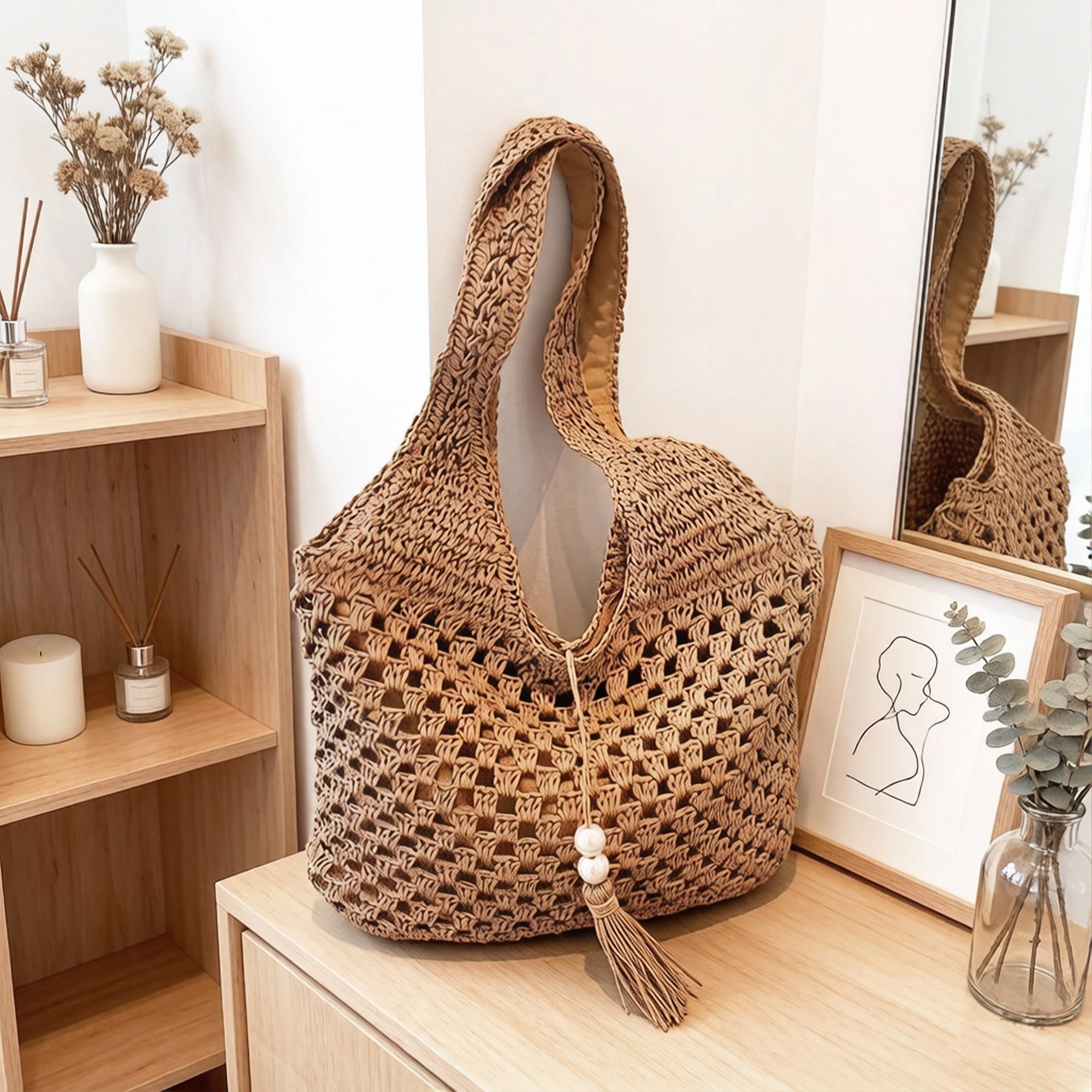 Alilang Women's Crochet Shoulder Bag with Tassel Detail Soft Knit Handbag Lightweight Casual Everyday Tote