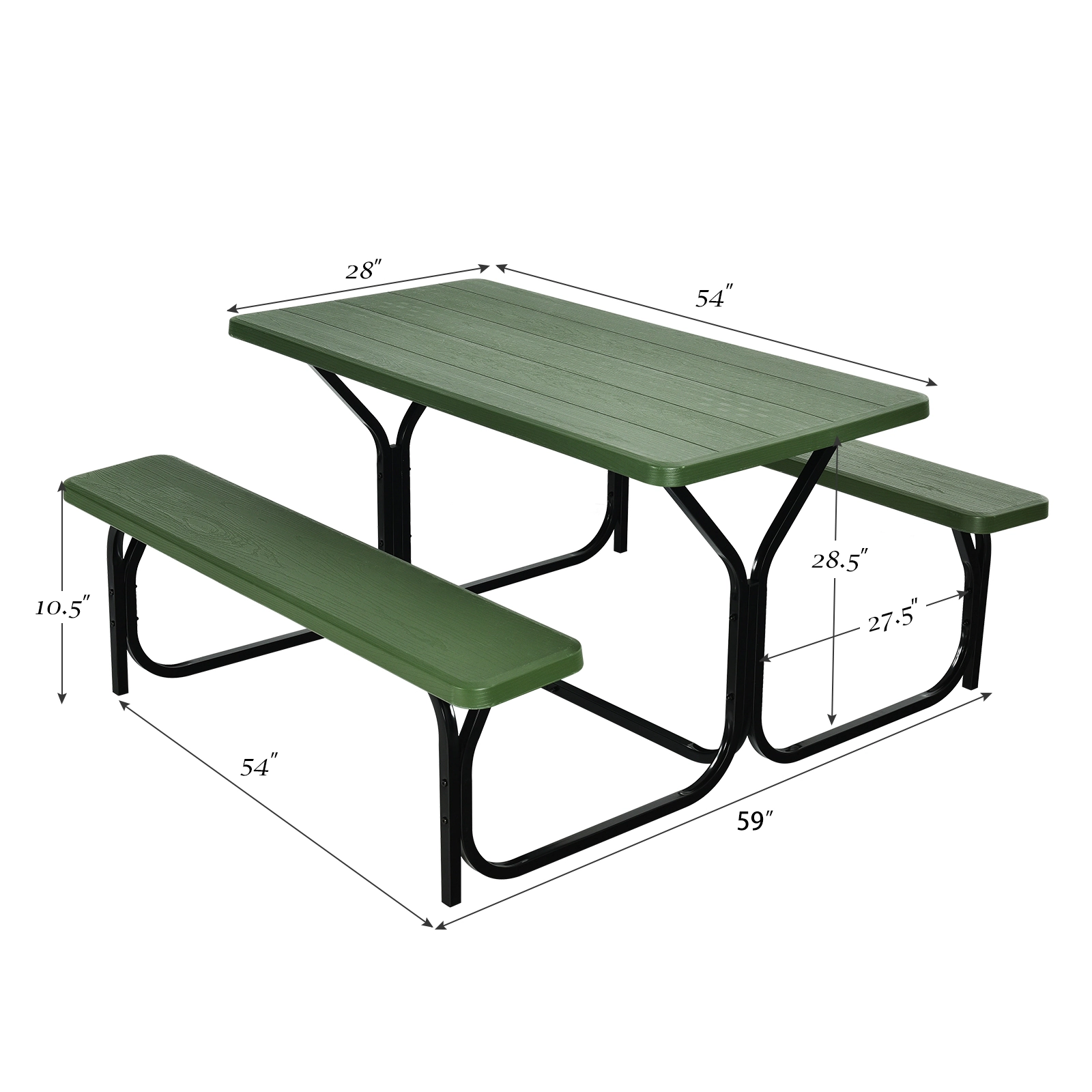 SUGIFT HDPE Outdoor Picnic Dining Bench Set with Metal Frame 330-lb Table 440-lb Benches Green