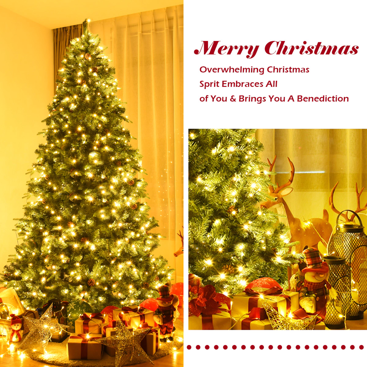 Costway 7Ft/7.5FT/8FT Pre-Lit Christmas Tree Hinged 460/540/600 Lights