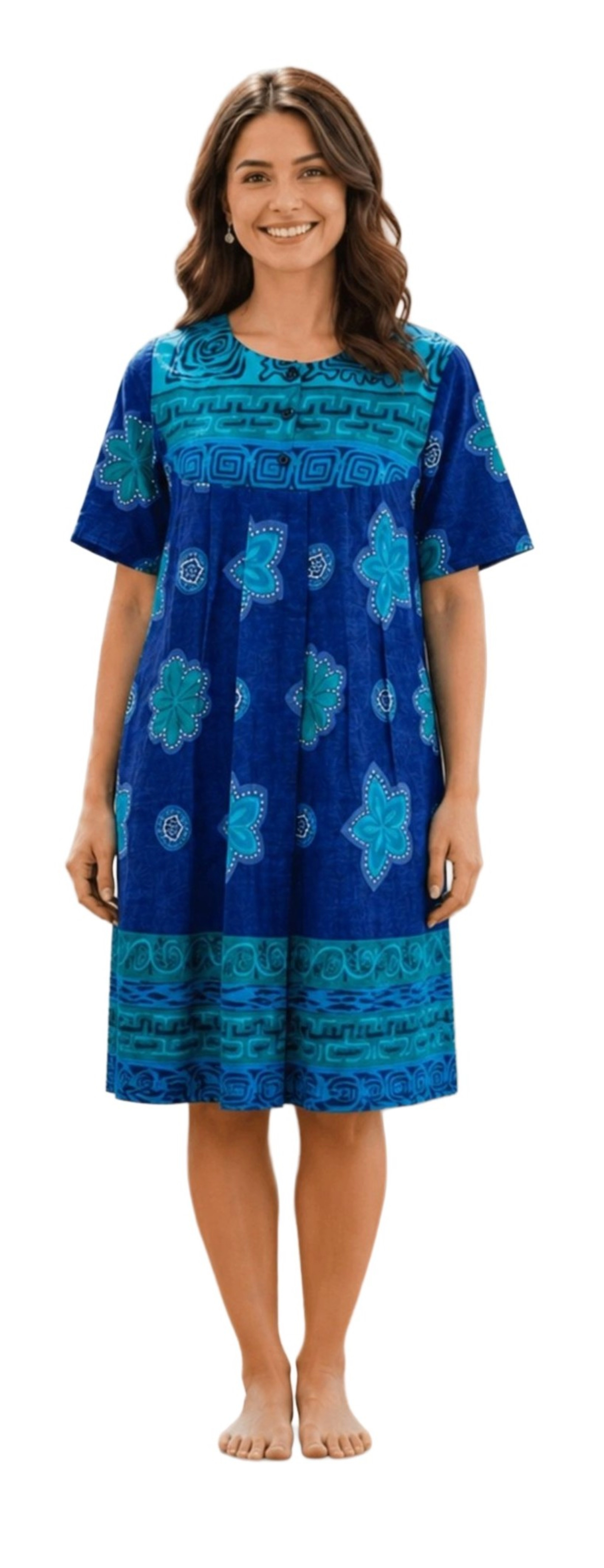 Loungees Border Print Cotton PETITE length House Dress Caftan 3 Button Bib Yoke Short Sleeve