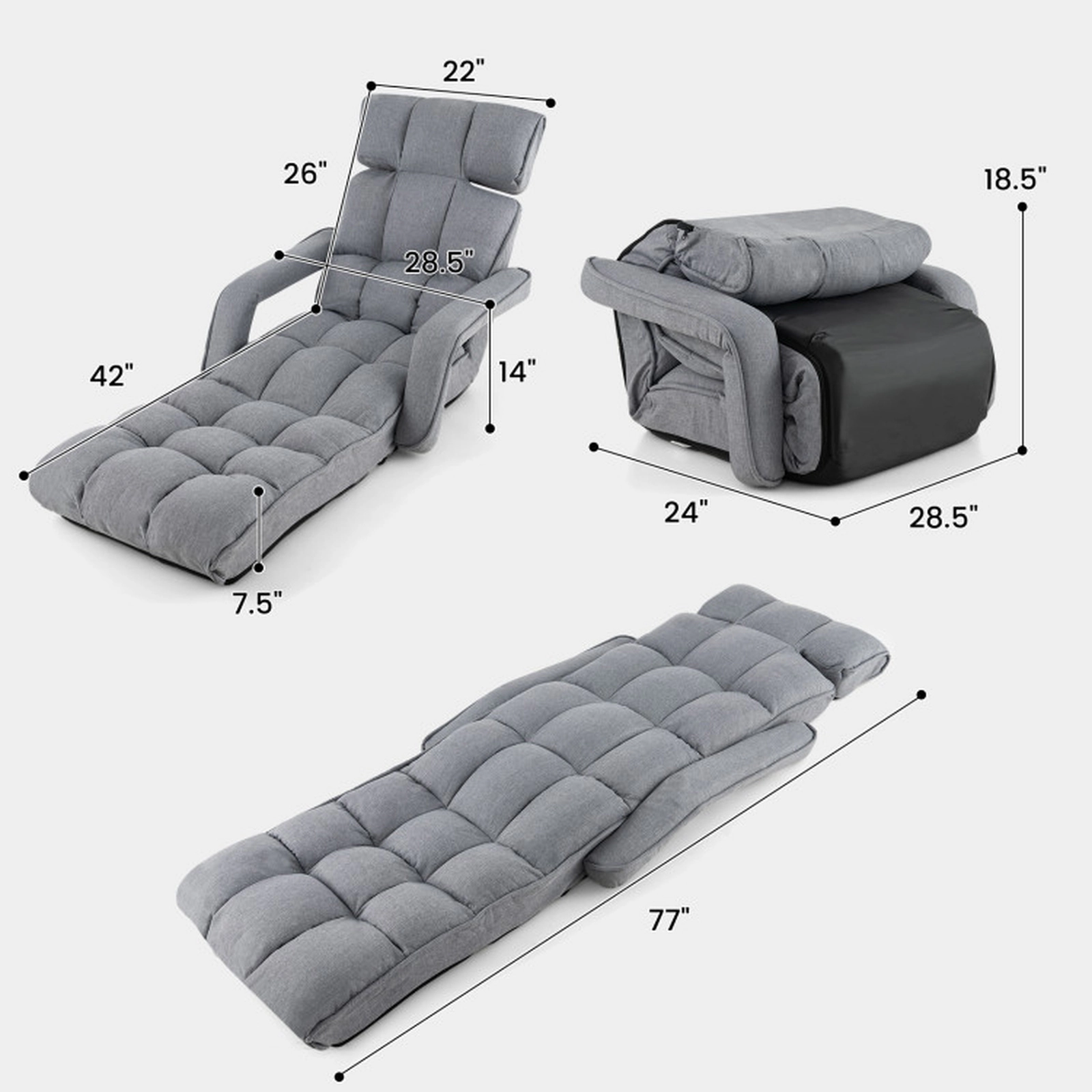 SUGIFT 6-Position Adjustable Floor Chair with Adjustable Armrests and 8-Position Footrest 300-Lb Capacity Gray/Dark Gray