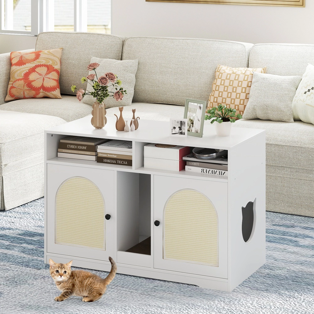 SUGIFT 43-in Wide Cat Litter Box Enclosure Cabinet with Double Rooms Scratching Board Storage Shelves White