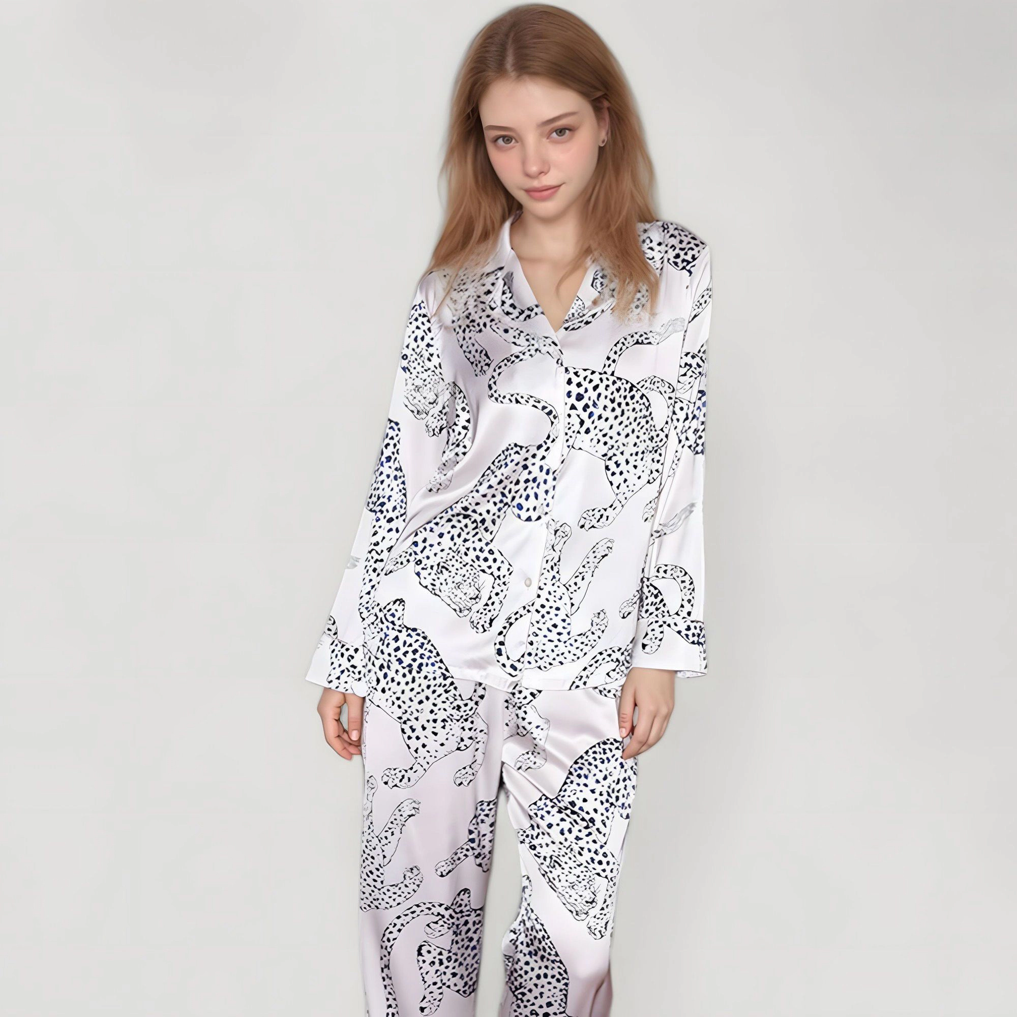 Anna-Kaci Women's Cheetah Print Woven Pajama Set with Long Sleeve Button Down Top and Relaxed Fit Straight Leg Pants