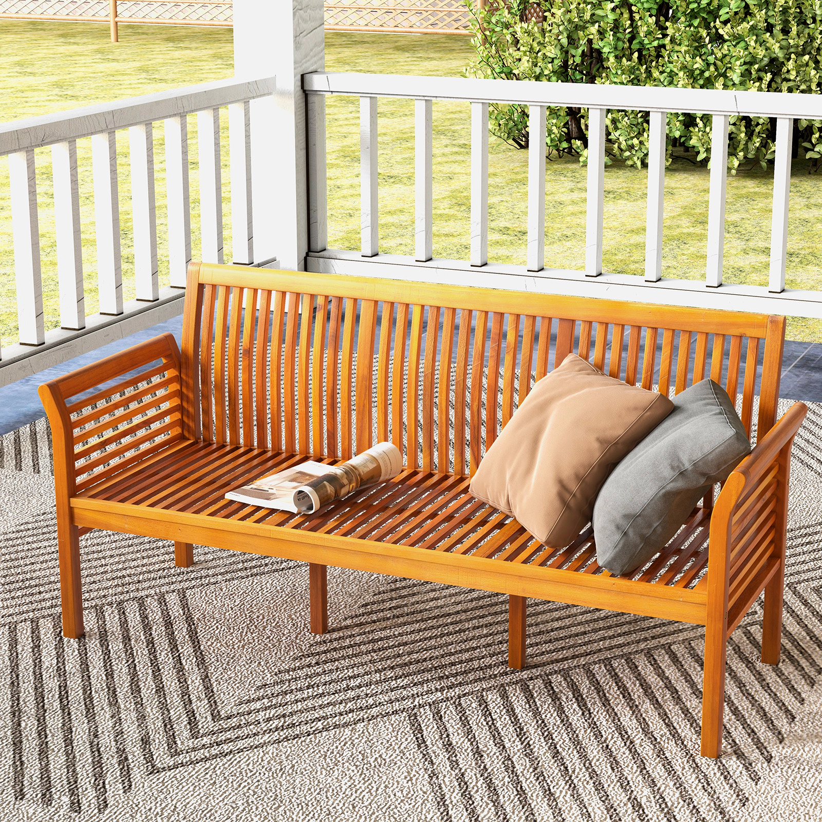 LJG 62.5 Inches Patio 3-Seat Wood Bench with Soft Seat Cushions