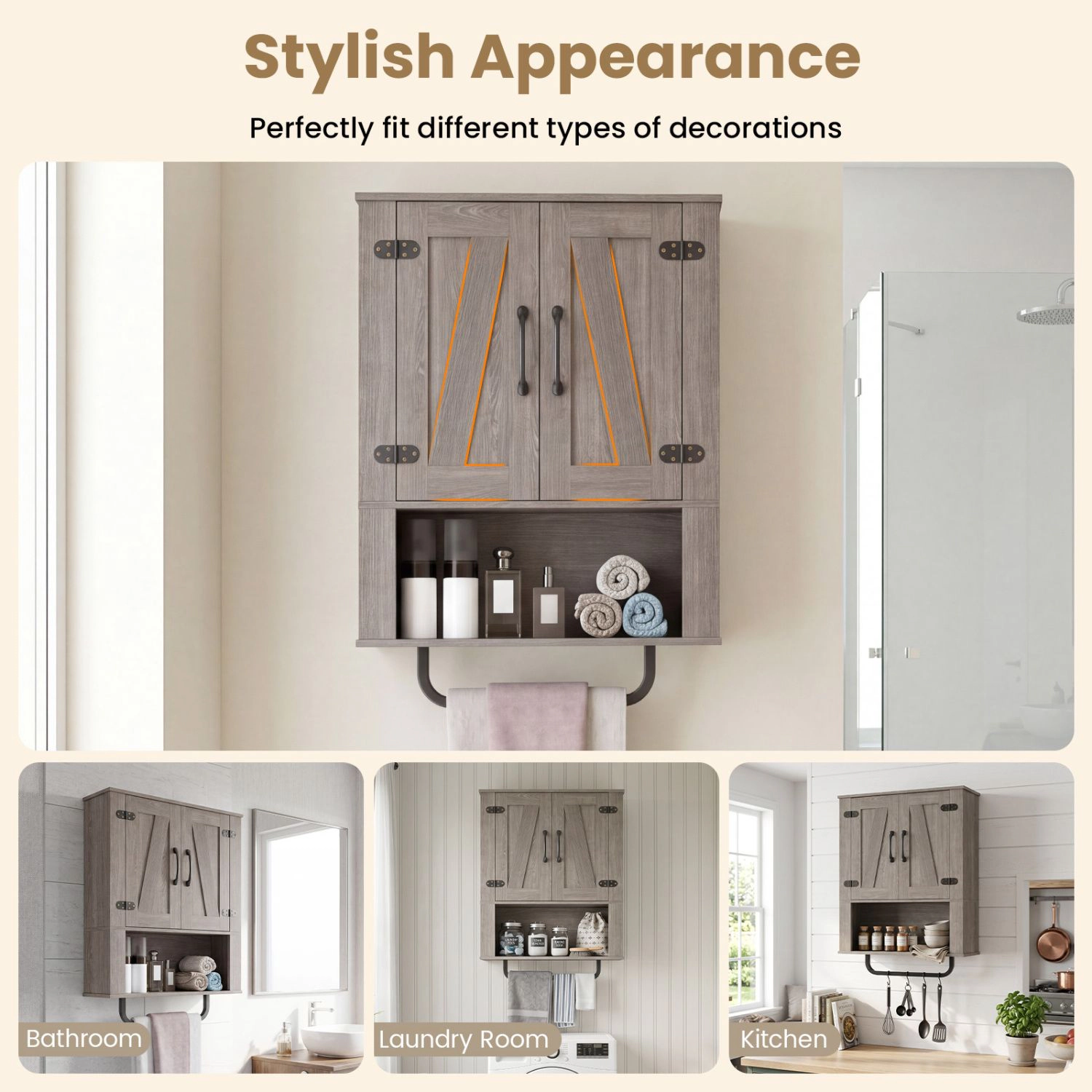 SlickBlue Bathroom Wall Cabinet with Doors, Open Shelf and Towel Rod