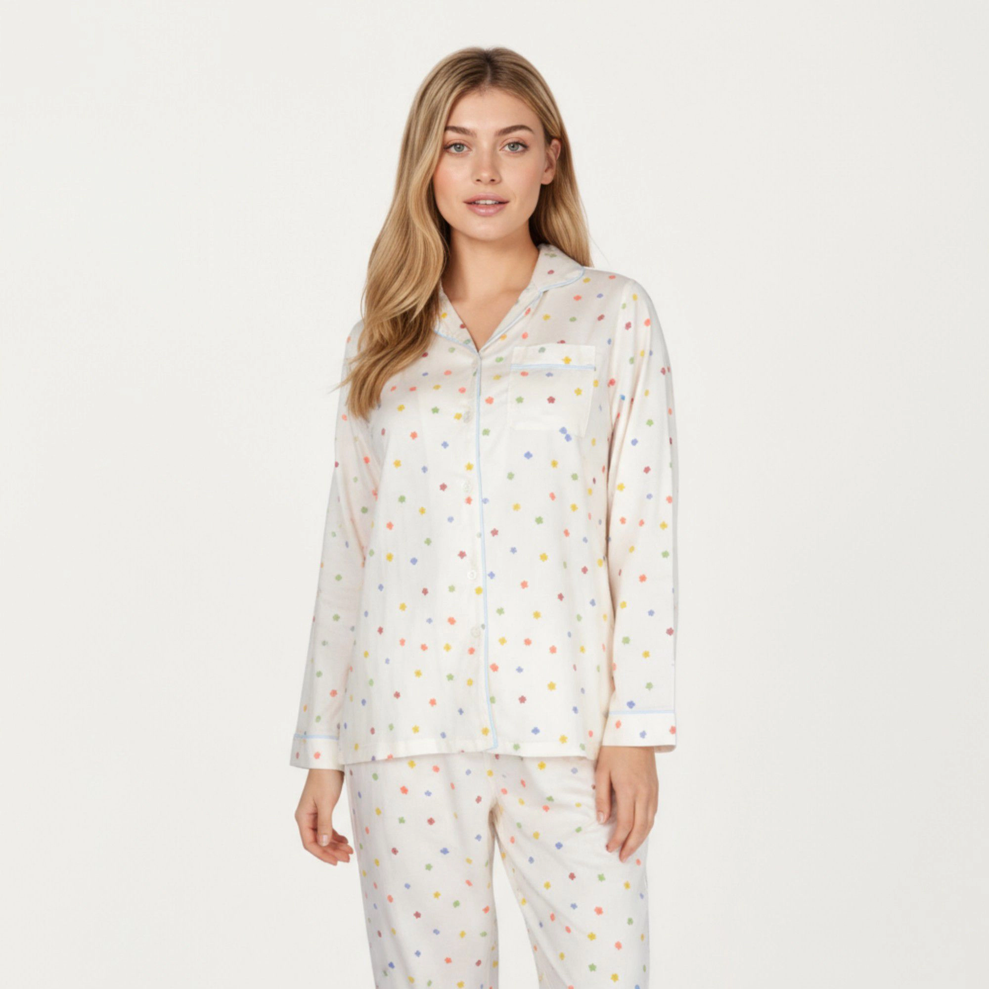 Anna-Kaci Women's 2-Piece Polka Dot Print Button Up Long Sleeve Pajama Top and Matching Pants