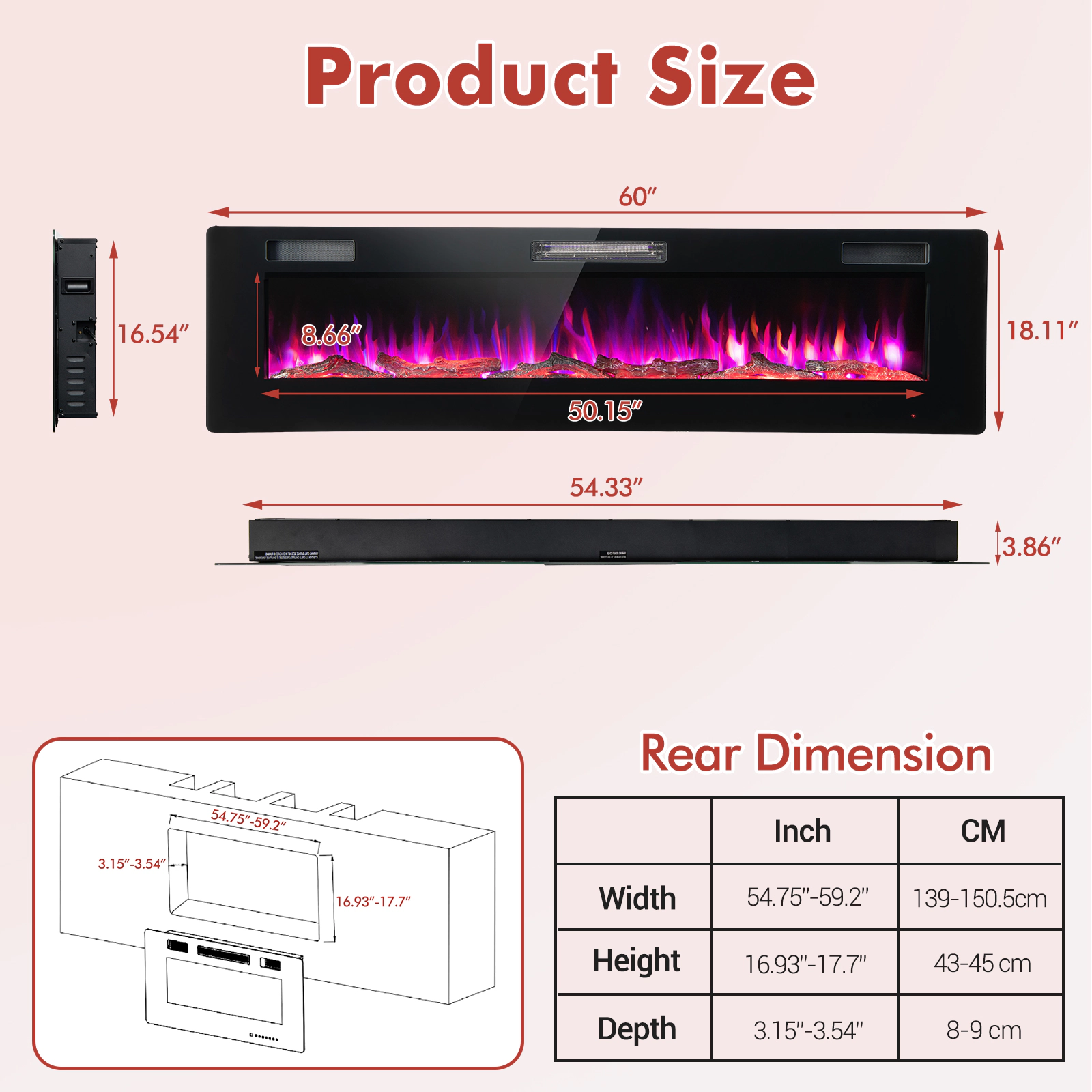 SlickBlue Modern Electric Fireplace Heater with Crystal Log Display