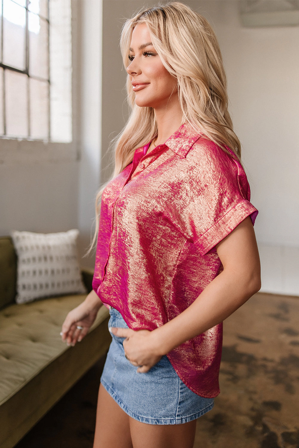 Threaded Pear Women's Amoura Metallic Sheen Buttoned Top