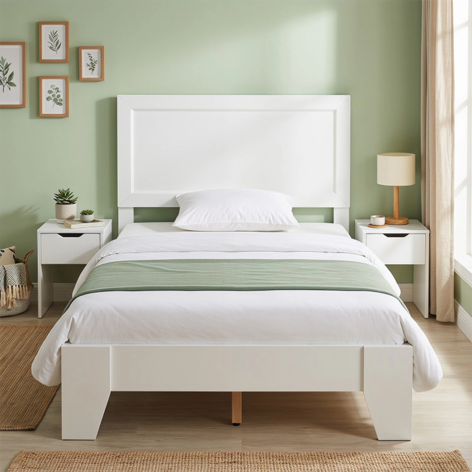 SUGIFT White Mid-Century Headboard for Small Rooms Twin Size Wooden Platform Bed Frame