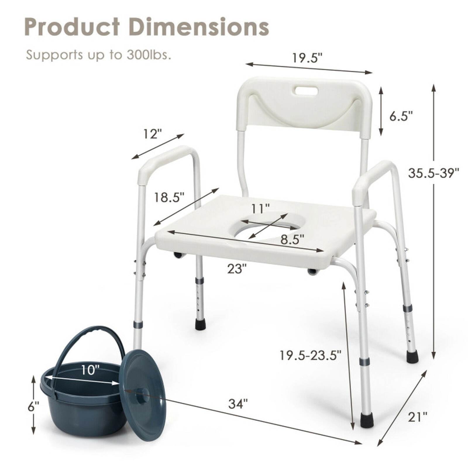 SUGIFT 3-in-1 Bedside Commode Portable Toilet Chair Bench 300-lb Capacity Adjustable Height White