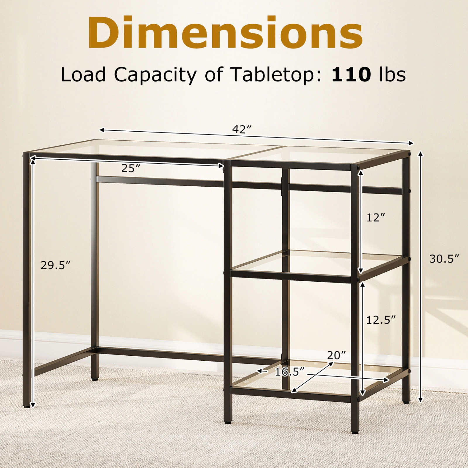 SUGIFT 42-Inch Modern Tempered Glass Console Table with Gold Metal Frame and Detachable Lower Shelf